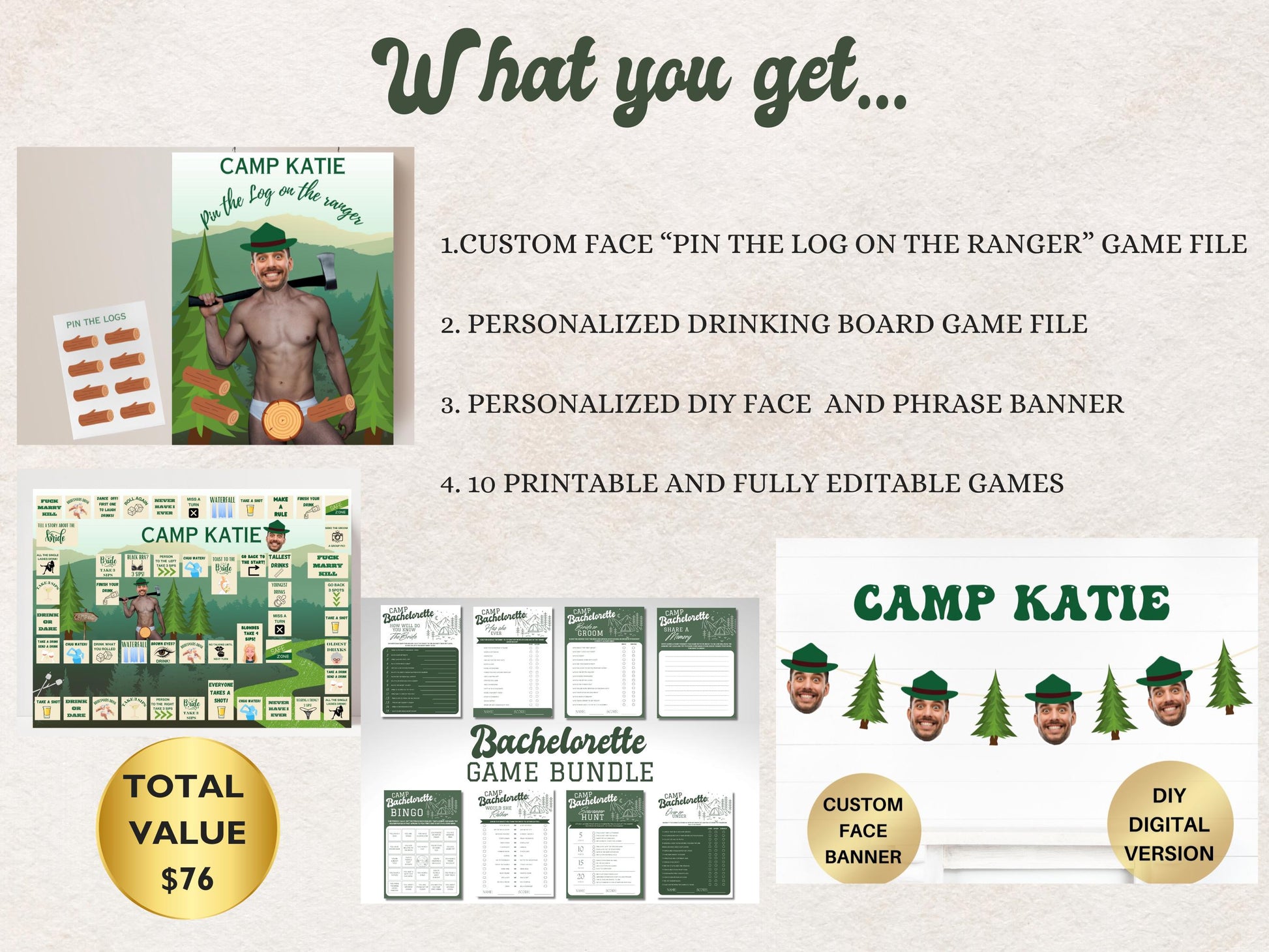 Camp Bachelorette Party Game Template Last trail before the veil personalized decor sign Camp Bach Editable Games Groom Face Decor Mountain