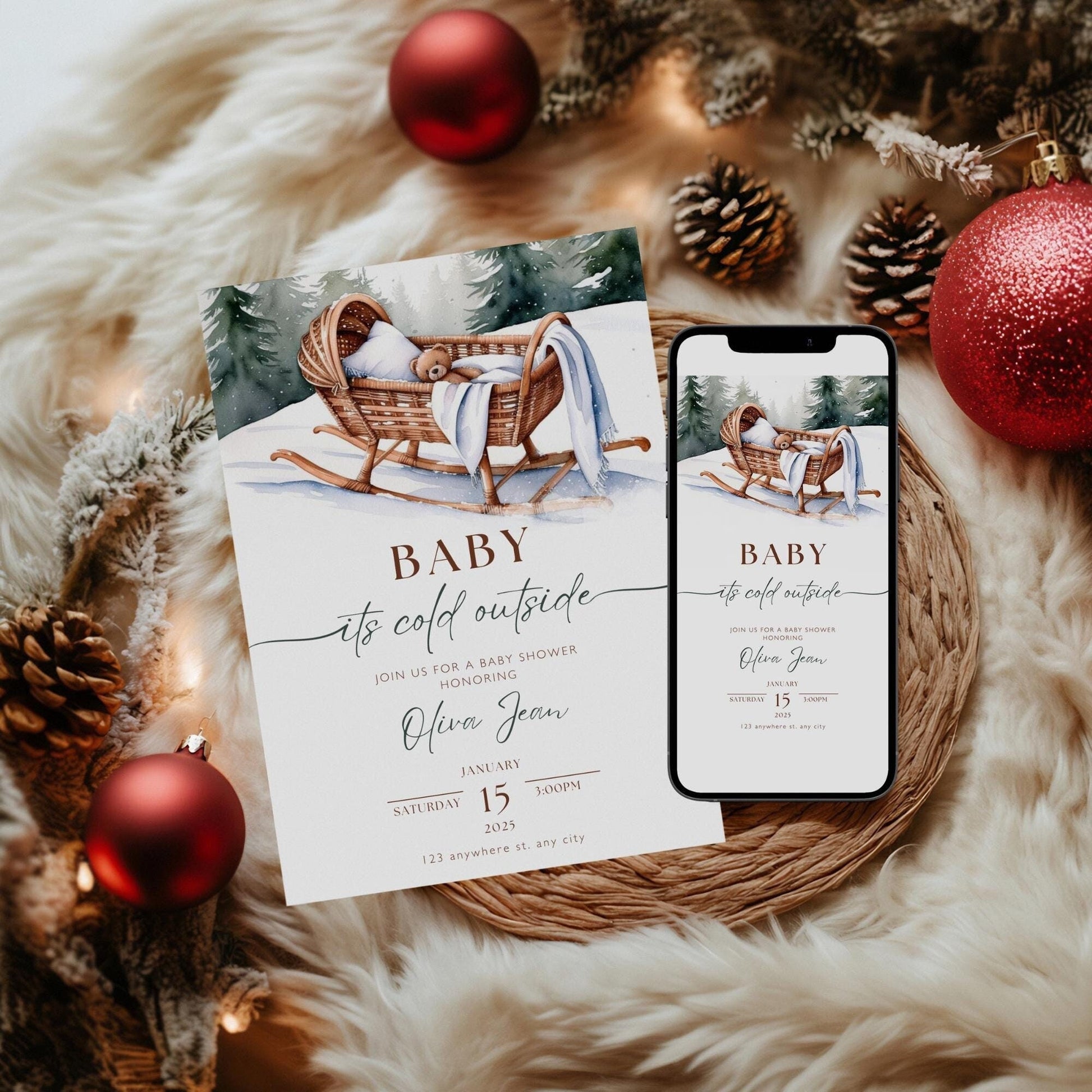 Baby Its Cold Outside Baby Shower Invitation - Snowflake Winter Invite - Diaper Raffle - Gift Tag Included