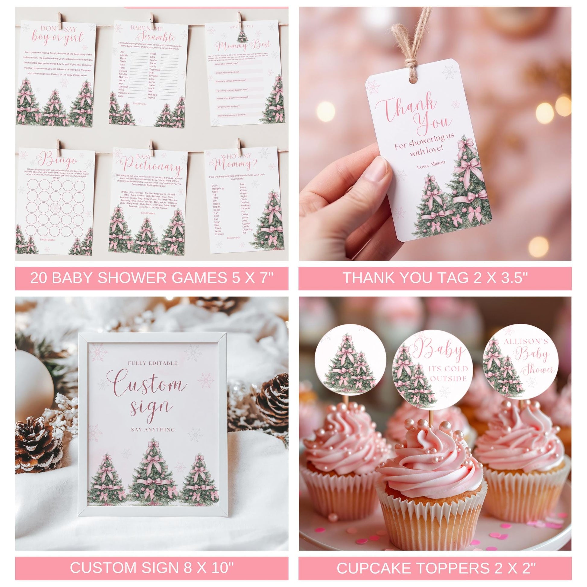 Pink Christmas Baby Shower Bundle Baby it's Cold Outside Bundle Winter Baby Shower Bundle Set Coquette Pink Bow Girl Baby Shower Invitation