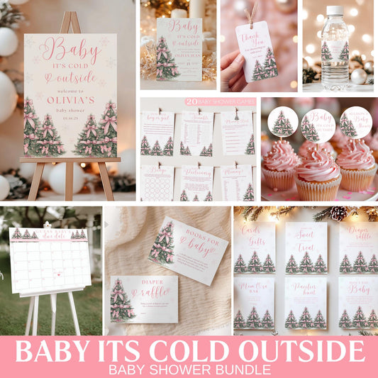 Pink Christmas Baby Shower Bundle Baby it's Cold Outside Bundle Winter Baby Shower Bundle Set Coquette Pink Bow Girl Baby Shower Invitation