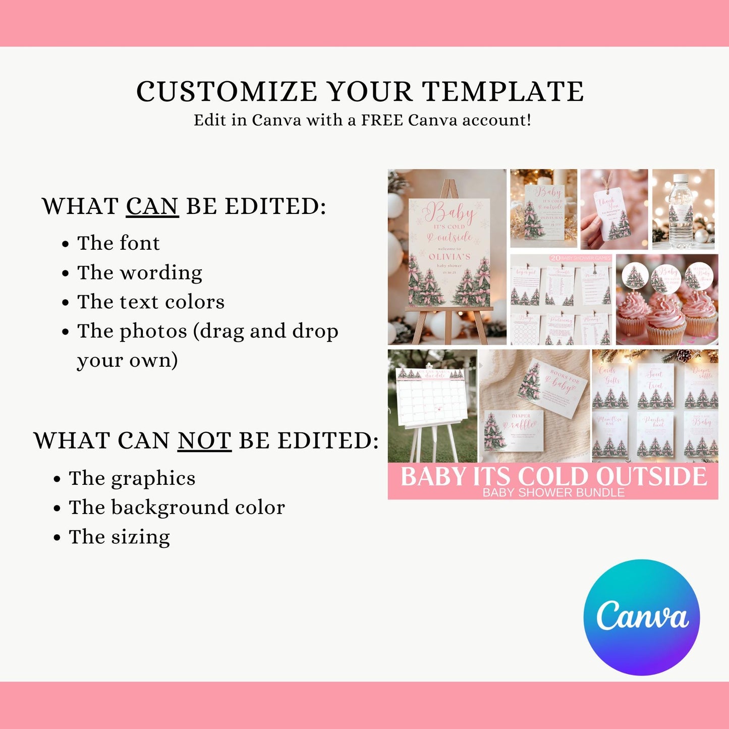 Pink Christmas Baby Shower Bundle Baby it's Cold Outside Bundle Winter Baby Shower Bundle Set Coquette Pink Bow Girl Baby Shower Invitation