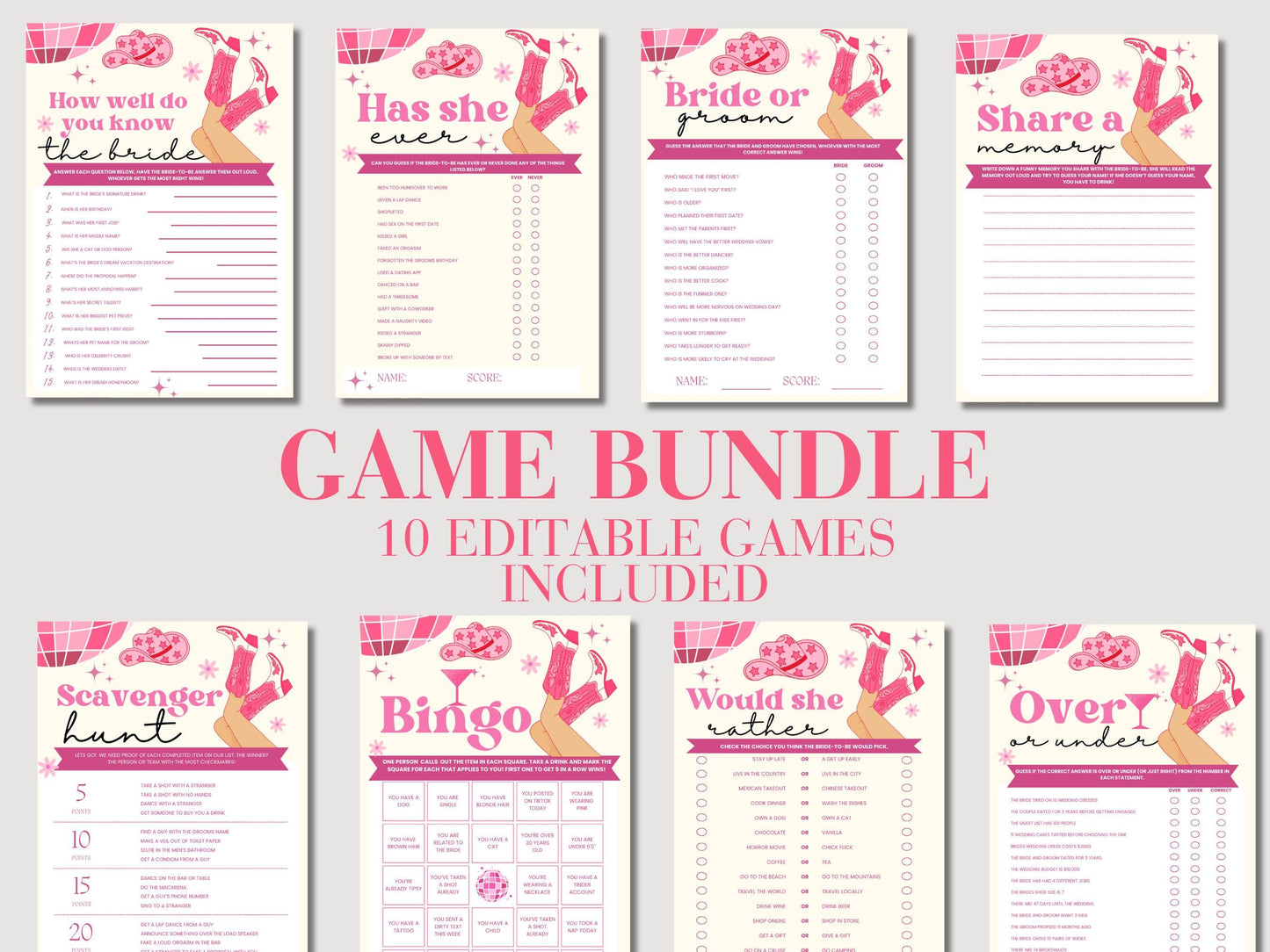 Disco Cowgirl Bach Printable Games Bachelorette Party Games Bundle Bachelorette Weekend Drinking Games Scavenger Hunt Lets go girls