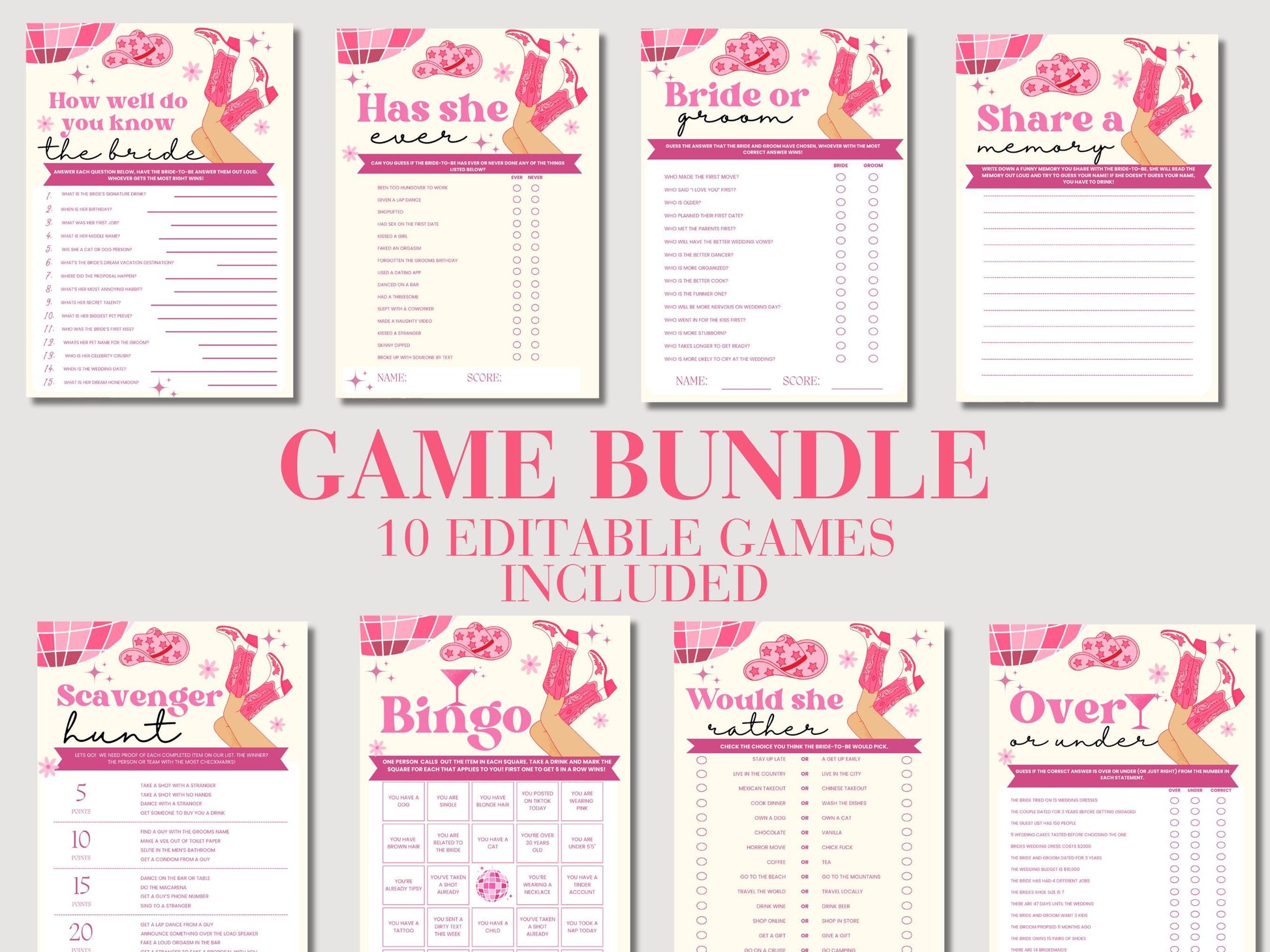 Disco Cowgirl Bach Printable Games Bachelorette Party Games Bundle Bachelorette Weekend Drinking Games Scavenger Hunt Lets go girls