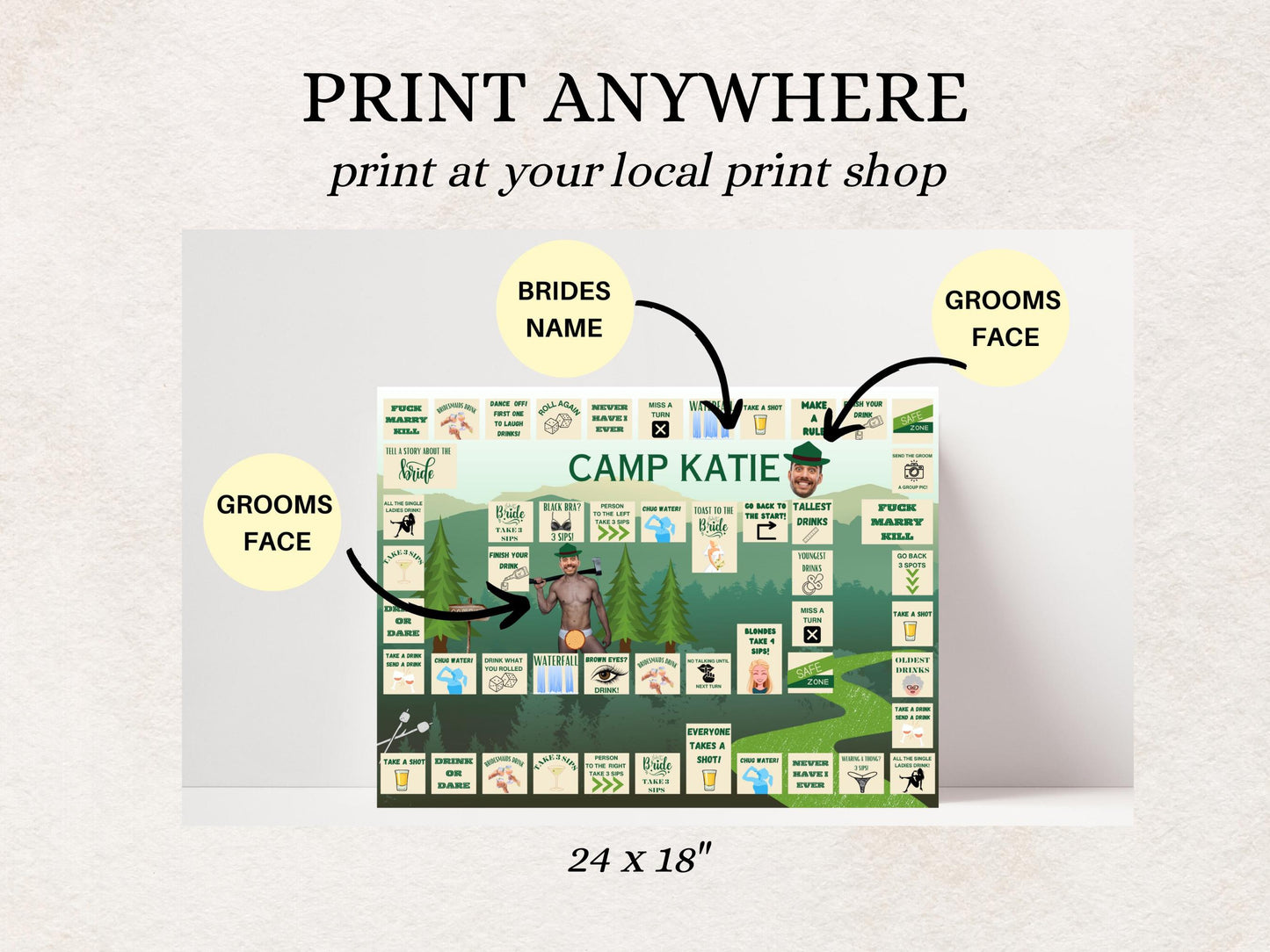 Camp Bachelorette Party Game Template Last trail before the veil personalized decor sign Camp Bach Editable Games Groom Face Decor Mountain