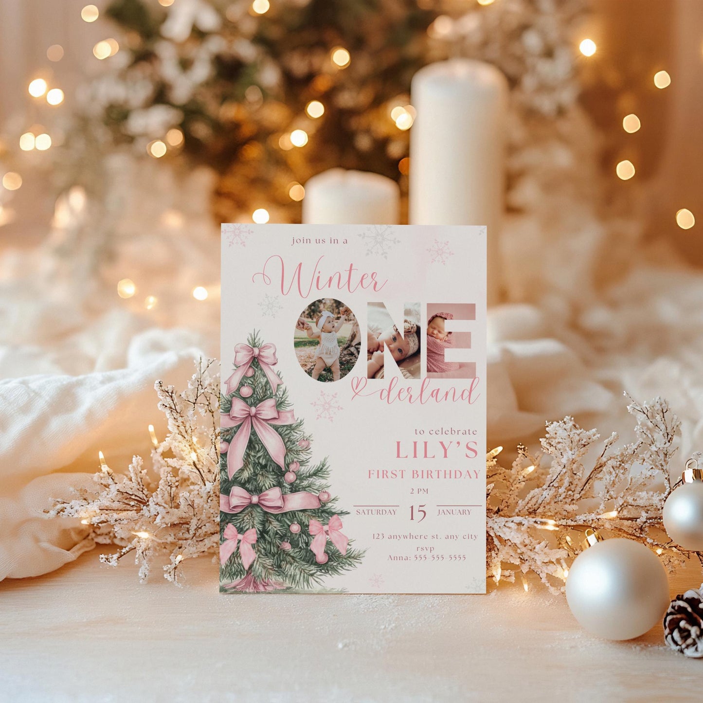 Winter Birthday Invite Template Winter Wonderland Birthday Invitation Snowflake Winter Onederland Pink Bow Winter Invite