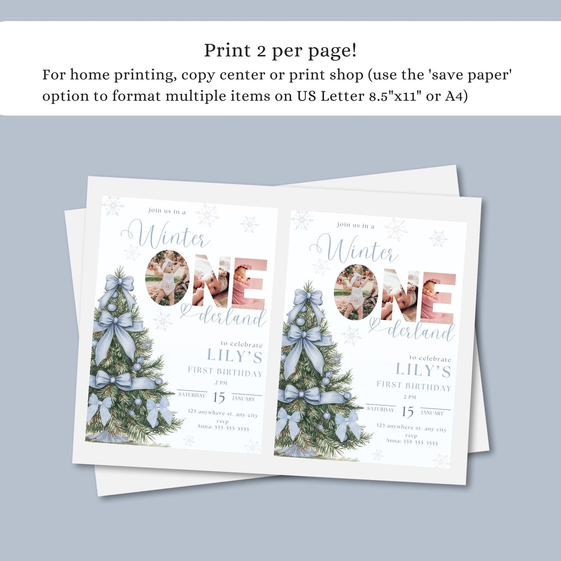 Winter Wonderland Invitation - Blue Bow - First Birthday - Onederland Theme - Customizable Design