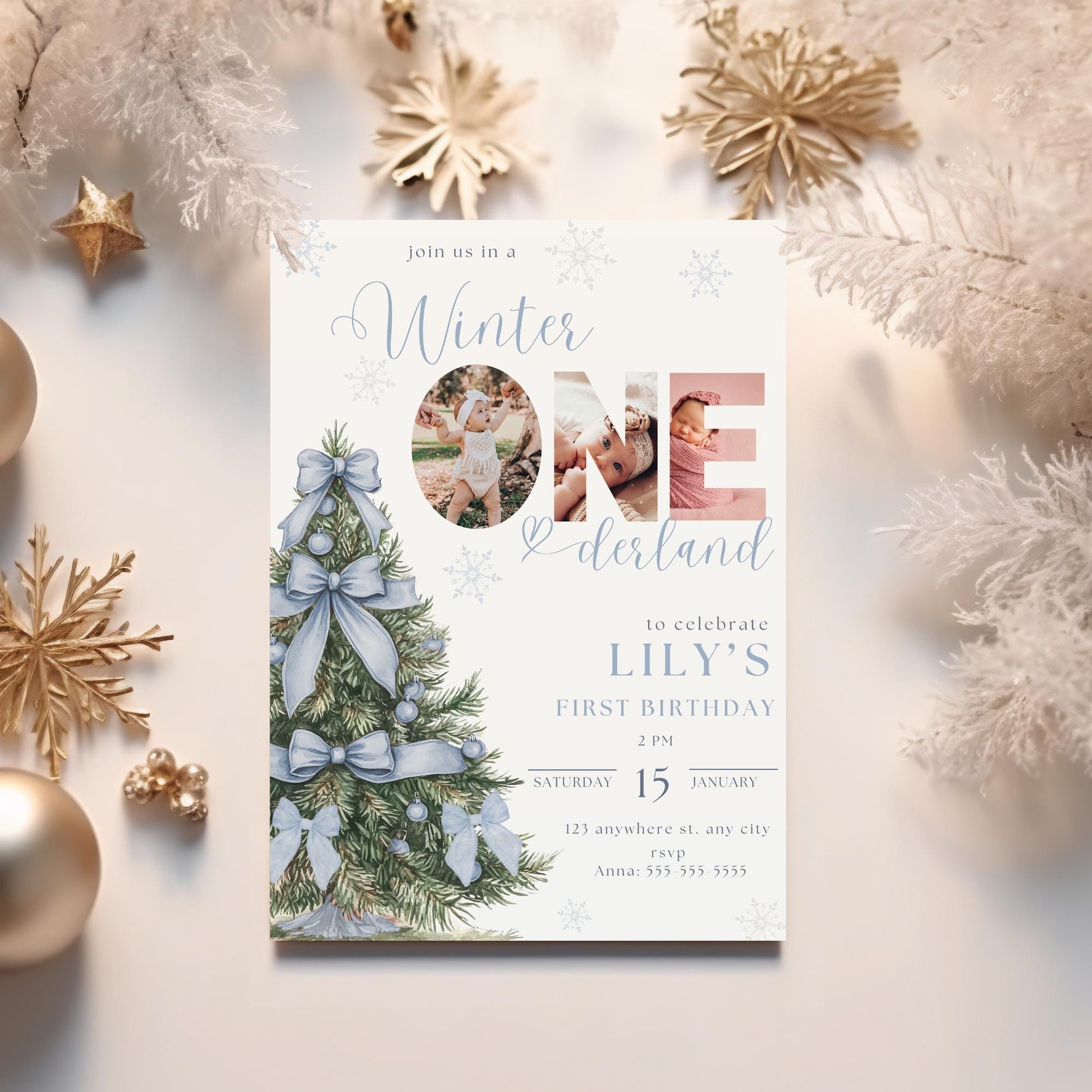 Winter Onederland Invitation - Blue Bow - First Birthday Party Invite - Snowflakes Design