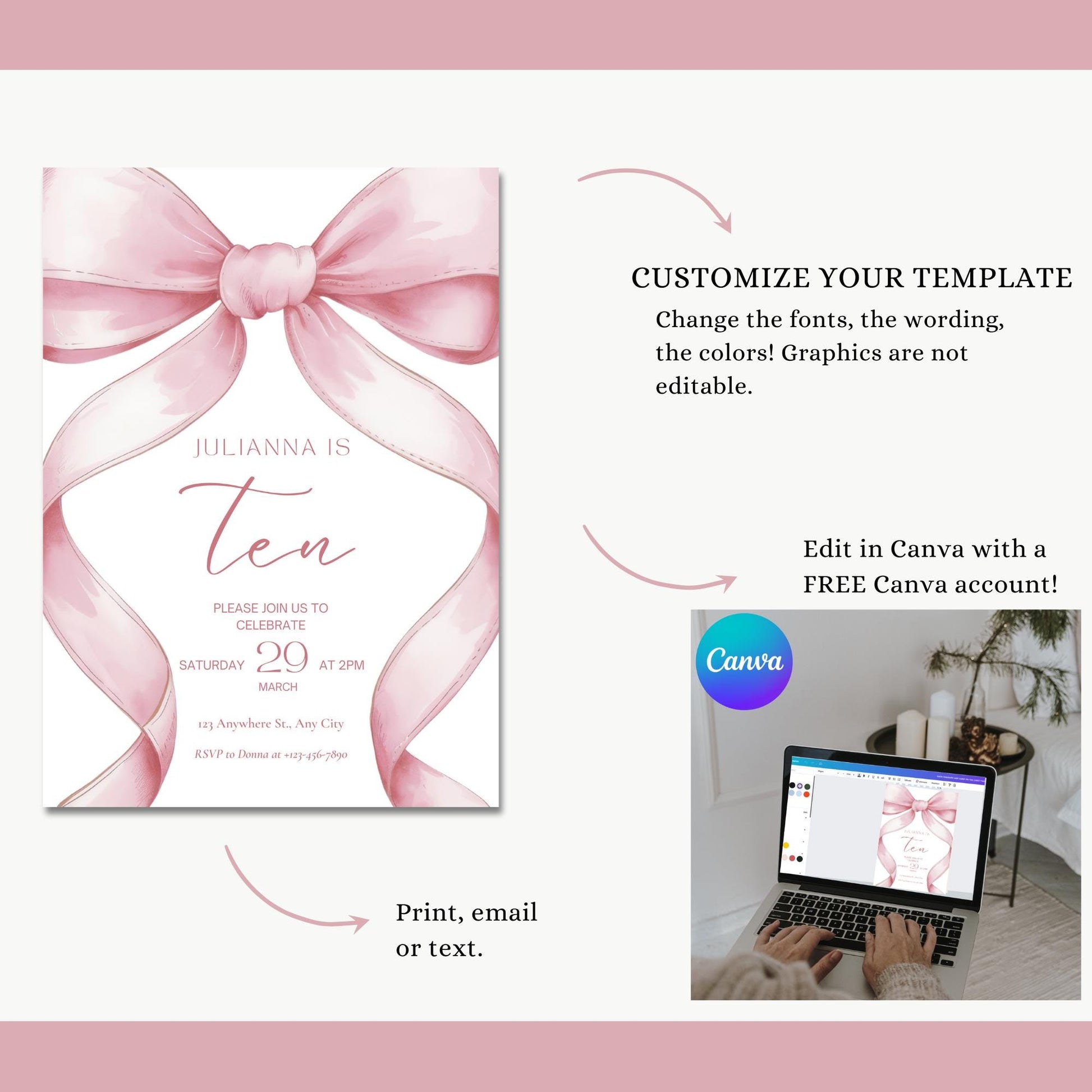 Pink Coquette Invite 10 year old girl birthday invitation 10th Birthday Invitation Girl tenth Pink Bow Birthday Evite Tween Birthday Party