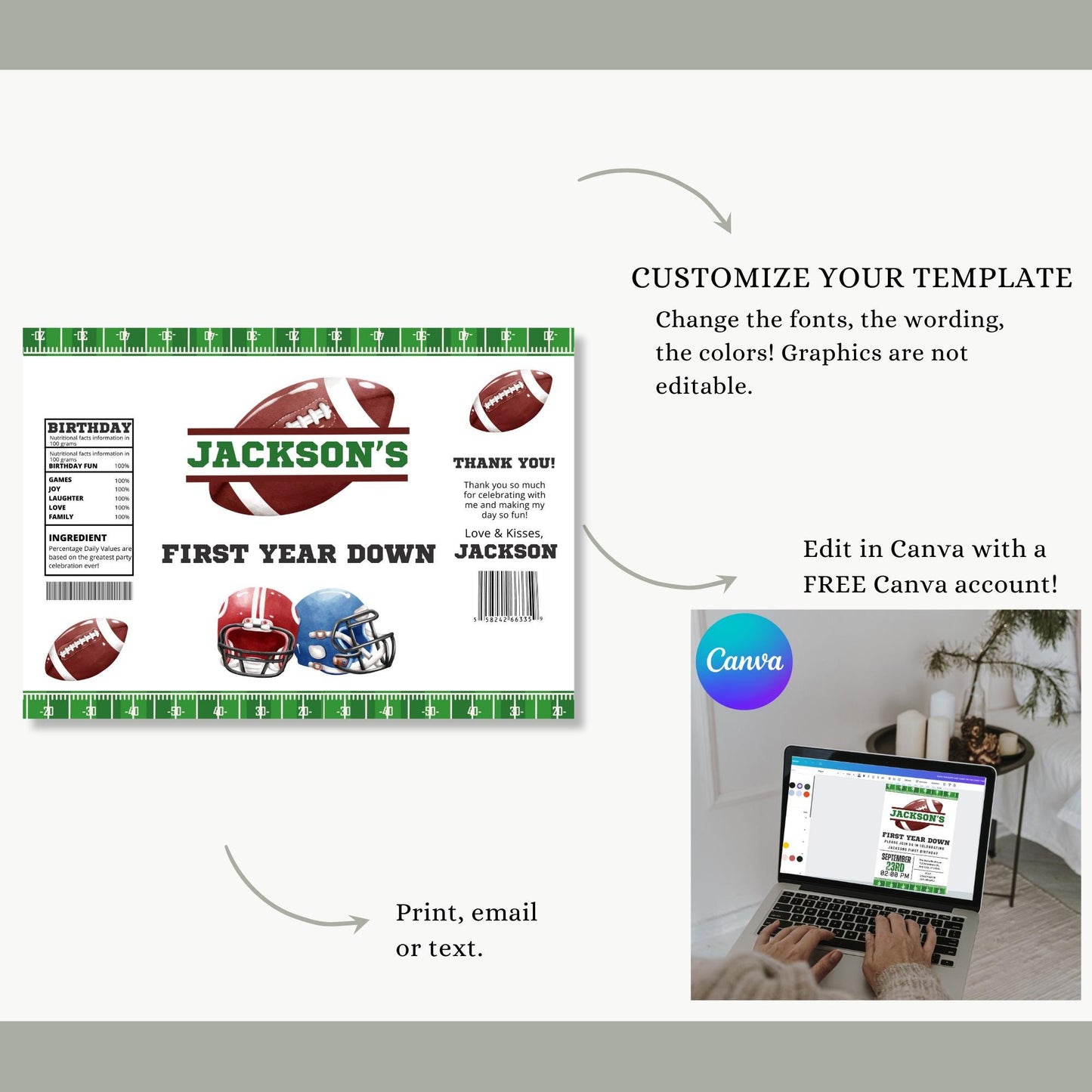 Football Chip Bag Favor - Instant Download - Sports Party Supplies - Personalized for 1st Birthday