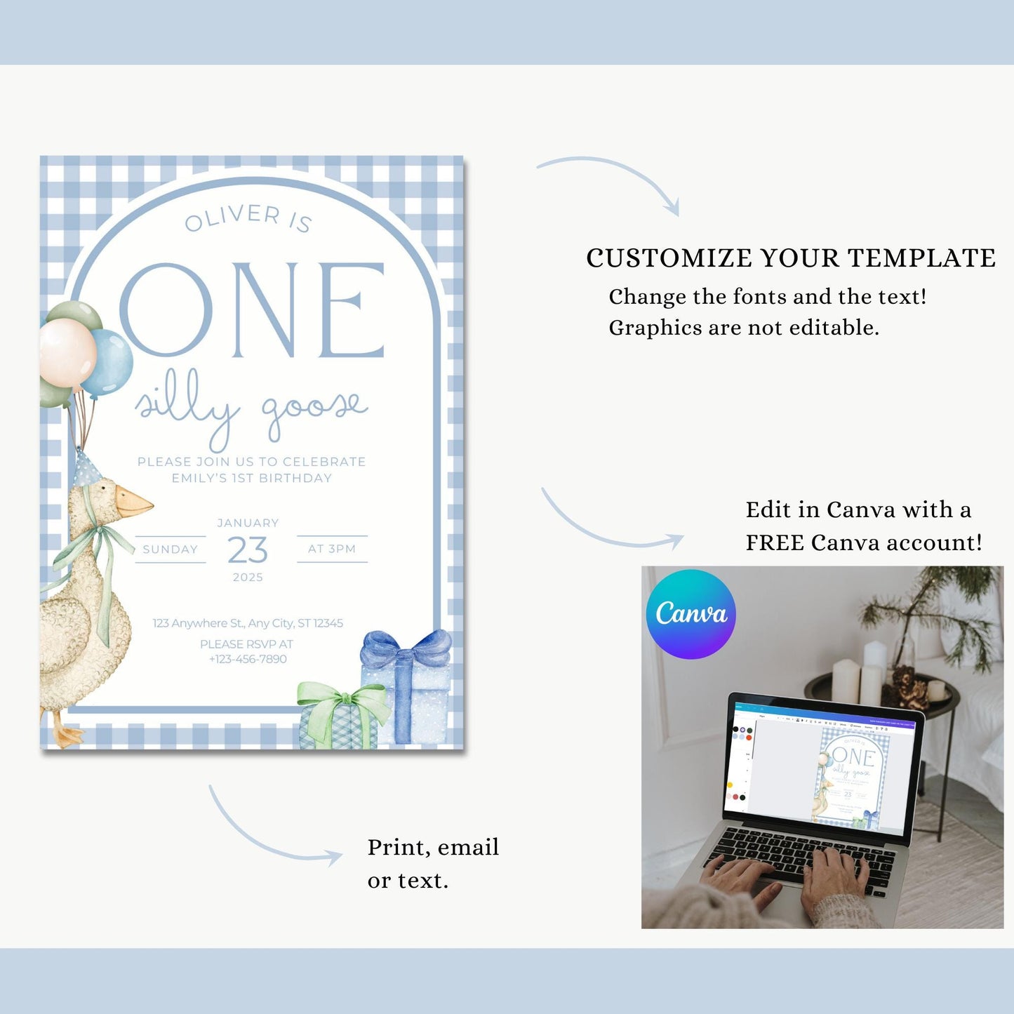 One Silly Goose Birthday Invite Blue Boy First Birthday 1st Birthday Silly Goose Decor Editable  Invitation Nursery Rhyme Birthday