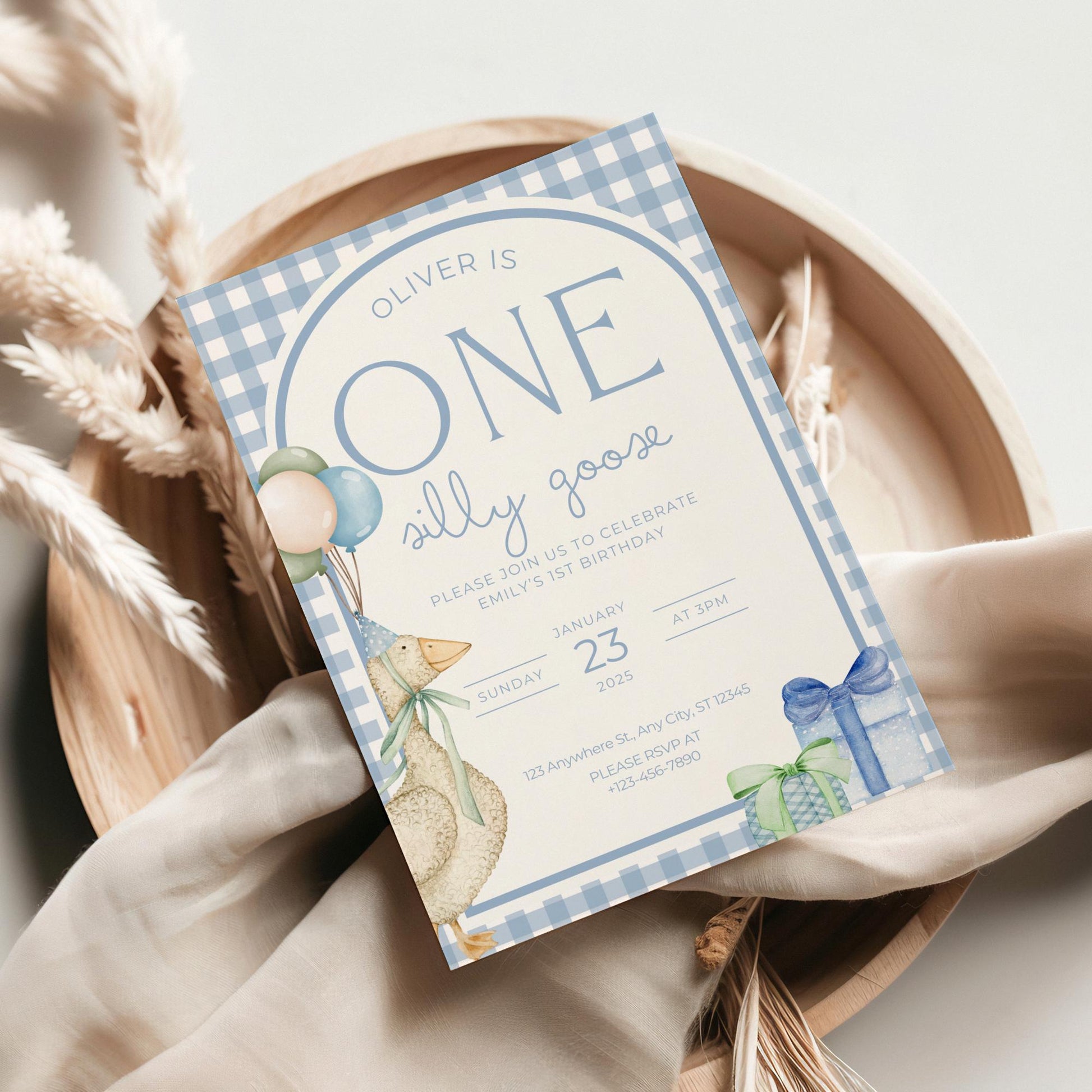 One Silly Goose Birthday Invite Blue Boy First Birthday 1st Birthday Silly Goose Decor Editable  Invitation Nursery Rhyme Birthday