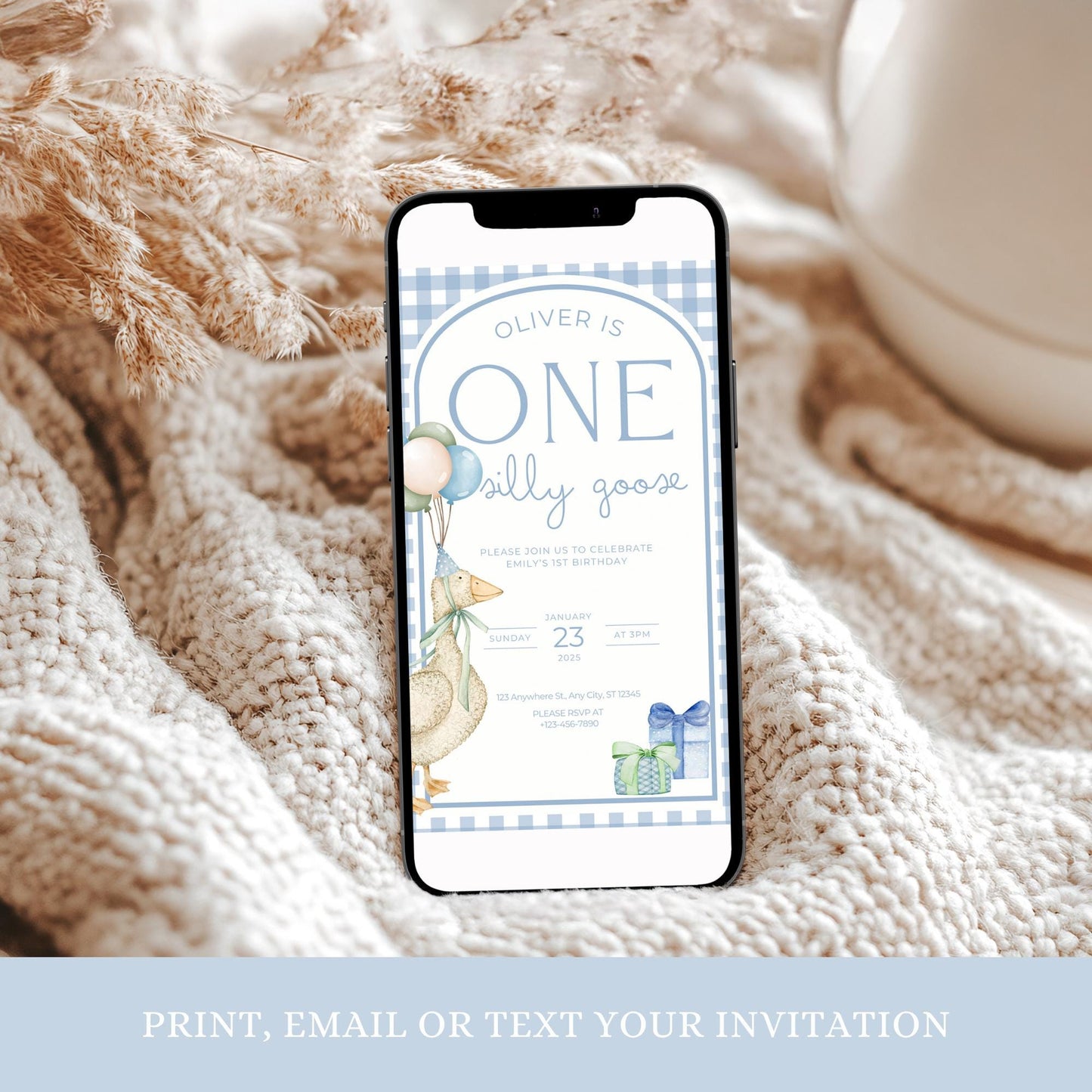 One Silly Goose Birthday Invite Blue Boy First Birthday 1st Birthday Silly Goose Decor Editable  Invitation Nursery Rhyme Birthday