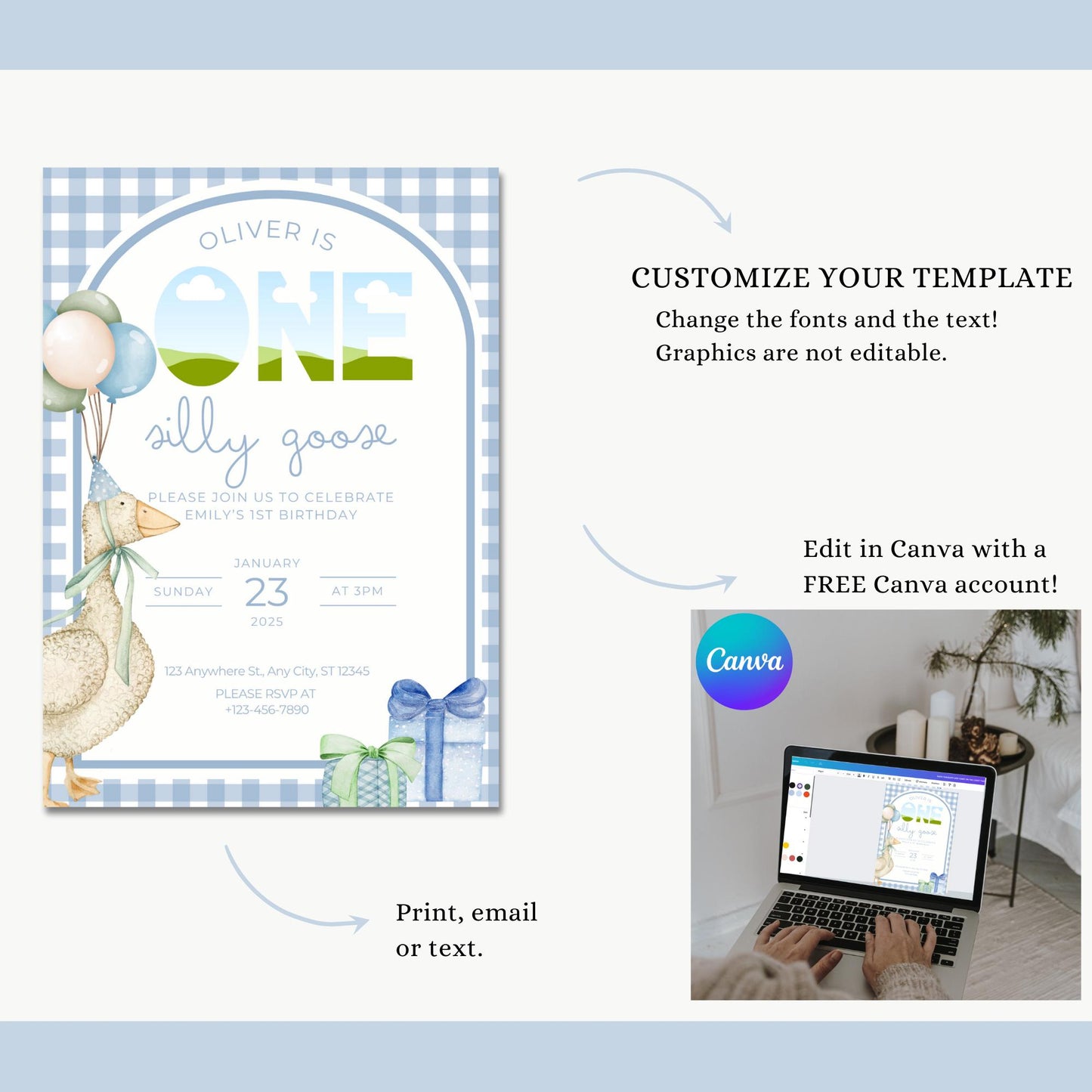 One Silly Goose Birthday Invite Blue Boy First Birthday 1st Birthday Silly Goose Decor Editable  Invitation Nursery Rhyme Birthday