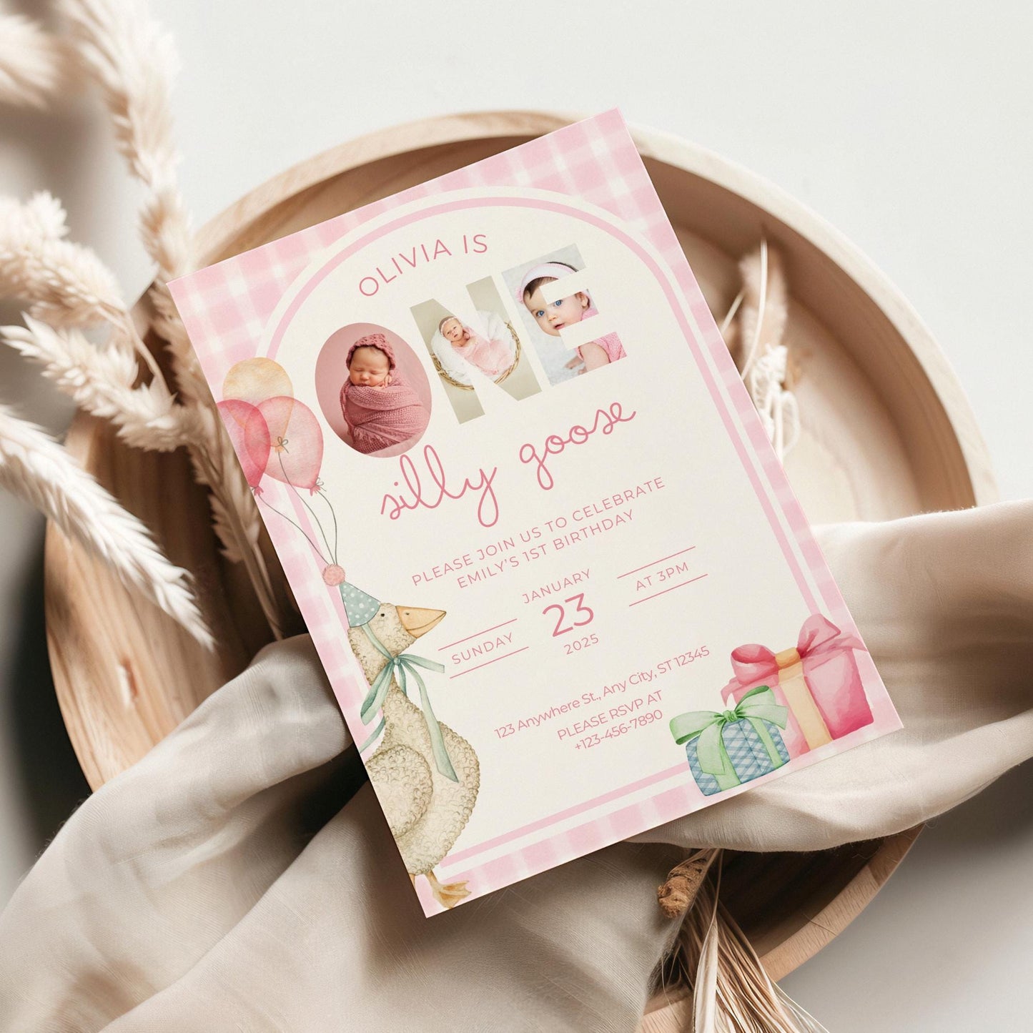 One Silly Goose Birthday Invite Pink Gingham Girl First Birthday 1st Birthday Silly Goose Decor Editable  Invitation Nursery Rhyme Birthday