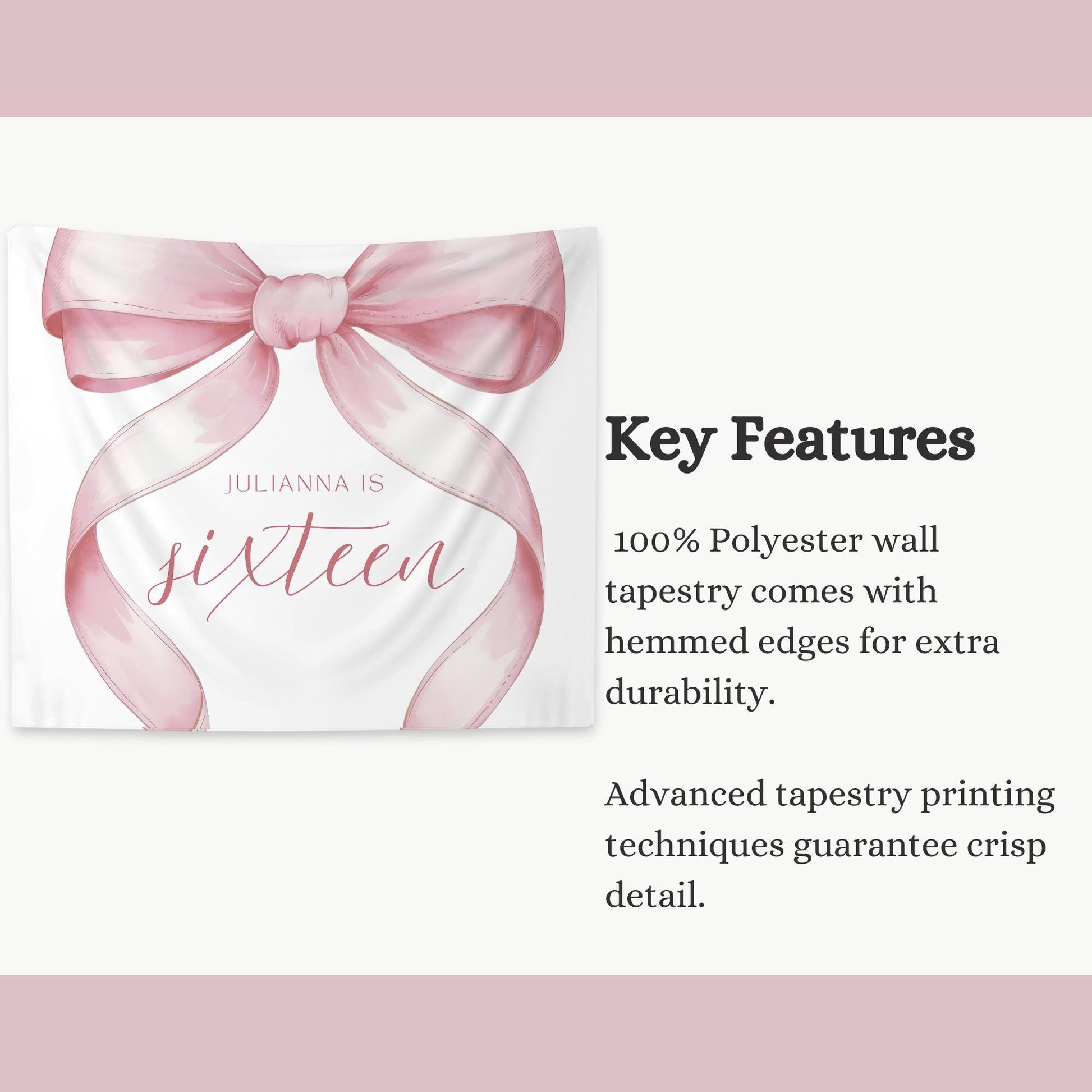 16th birthday Personalized Banner Coquette Party Decor Photo Backdrop 16th Birthday Sign sixteenth Pink Bow Birthday Sweet Sixteen