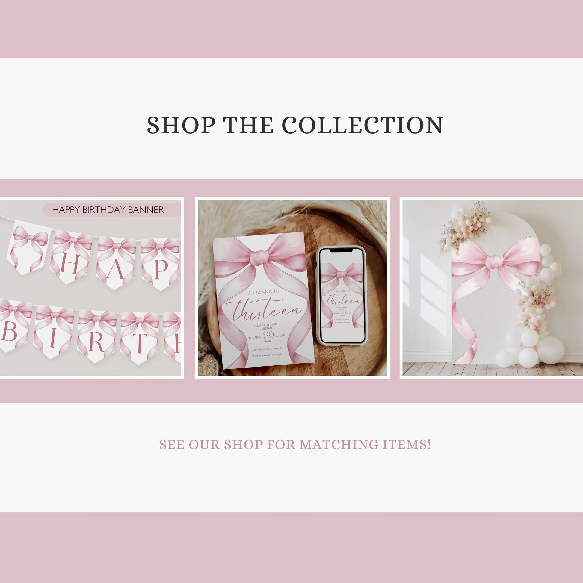 13th Birthday custom Banner Pink Coquette 13 Year Old Girl Birthday thirteenth Pink Bow Birthday Teen Birthday Party photo Backdrop
