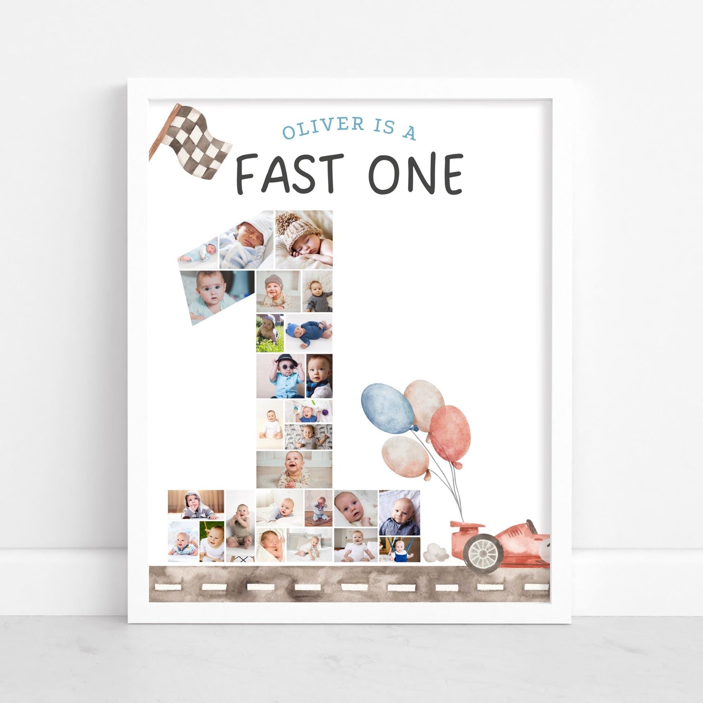 Fast One Birthday Sign Photo Collage Editable Race Car Party Monthly Banner 1st Birthday Photo Banner Milestone photo sign