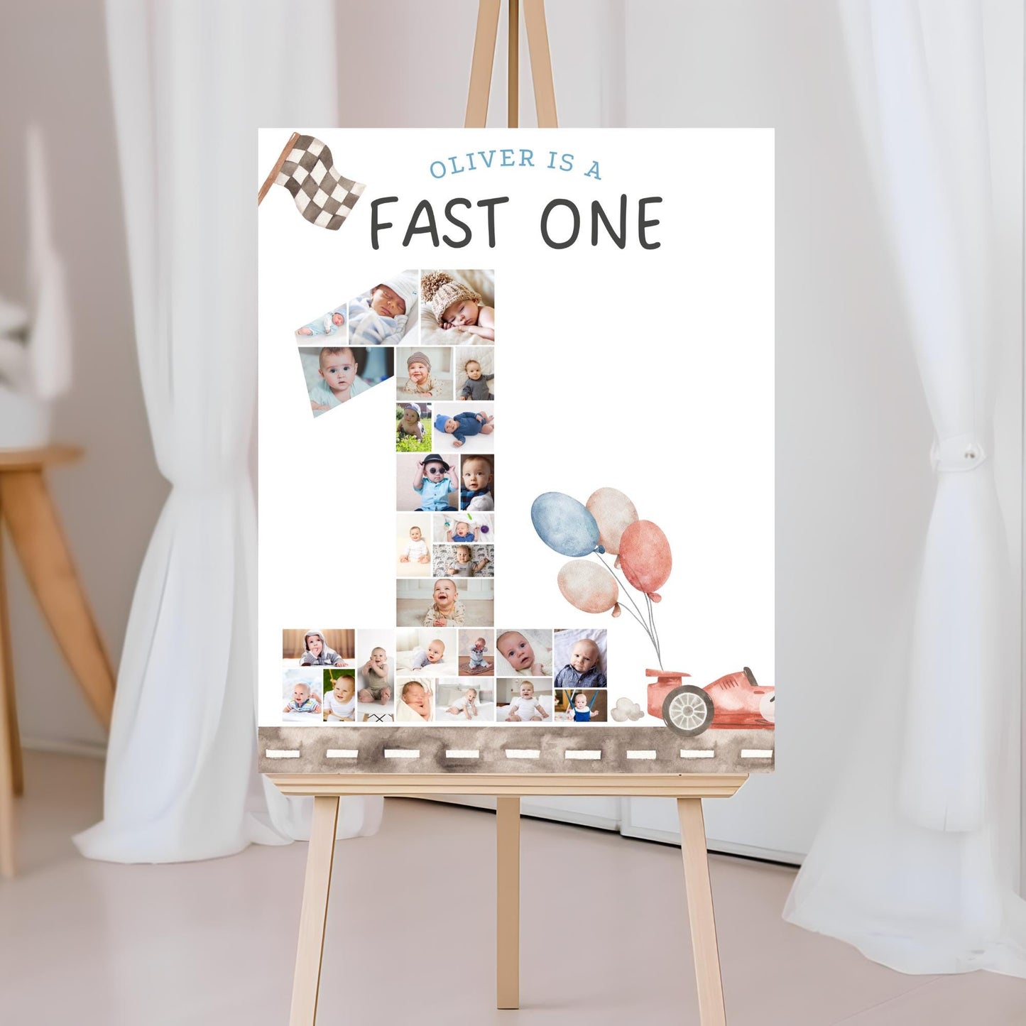 Fast One Birthday Sign Photo Collage Editable Race Car Party Monthly Banner 1st Birthday Photo Banner Milestone photo sign