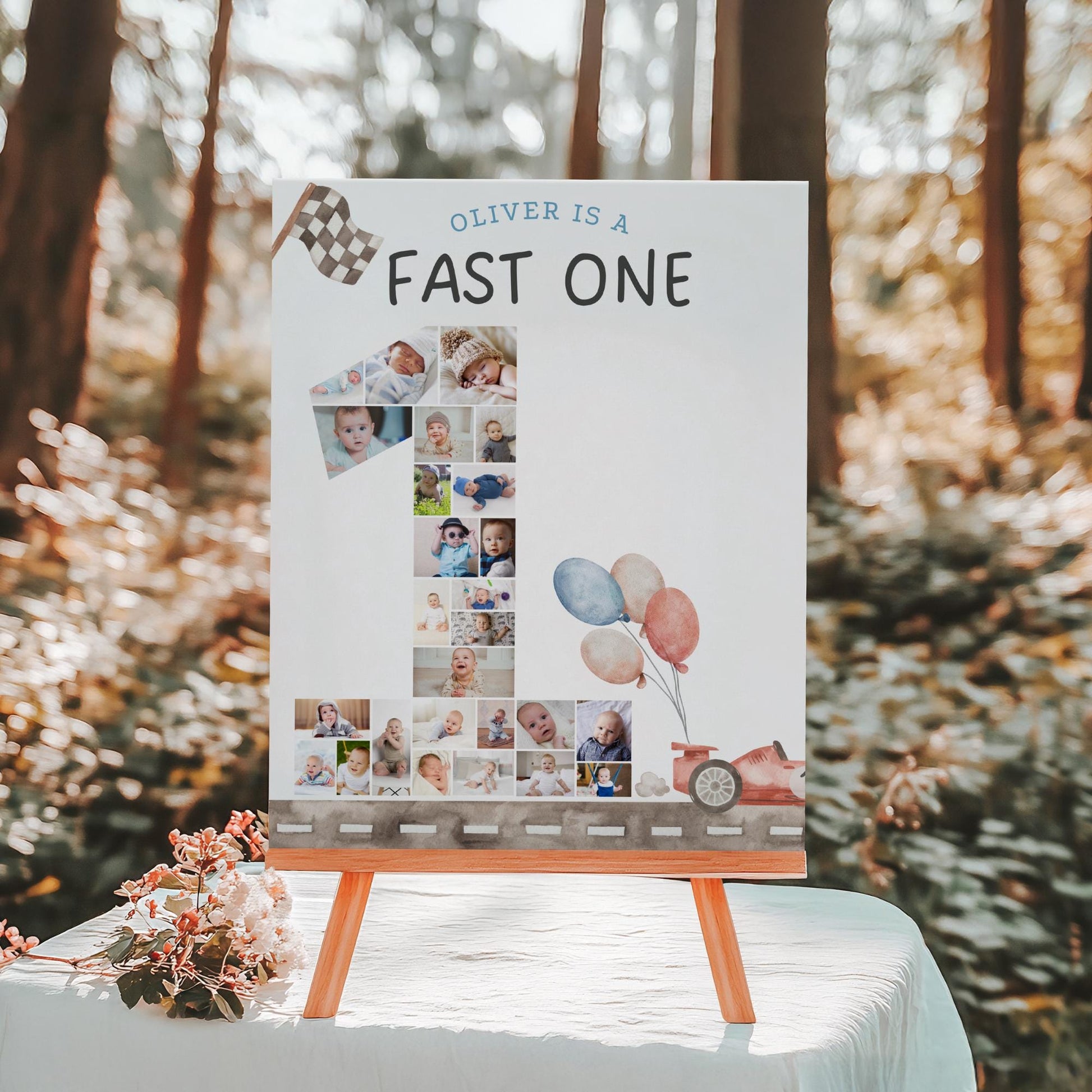Fast One Birthday Sign Photo Collage Editable Race Car Party Monthly Banner 1st Birthday Photo Banner Milestone photo sign