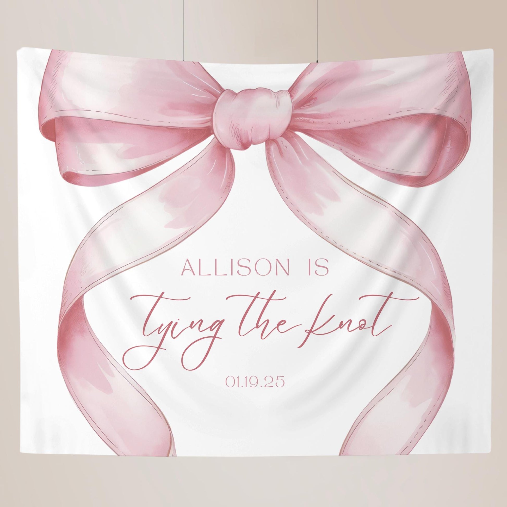 She's Tying the Knot Bridal Shower Personalized Banner Pink Coquette Party Decor Photo Backdrop Ribbon She's Tying the Knot Bachelorette