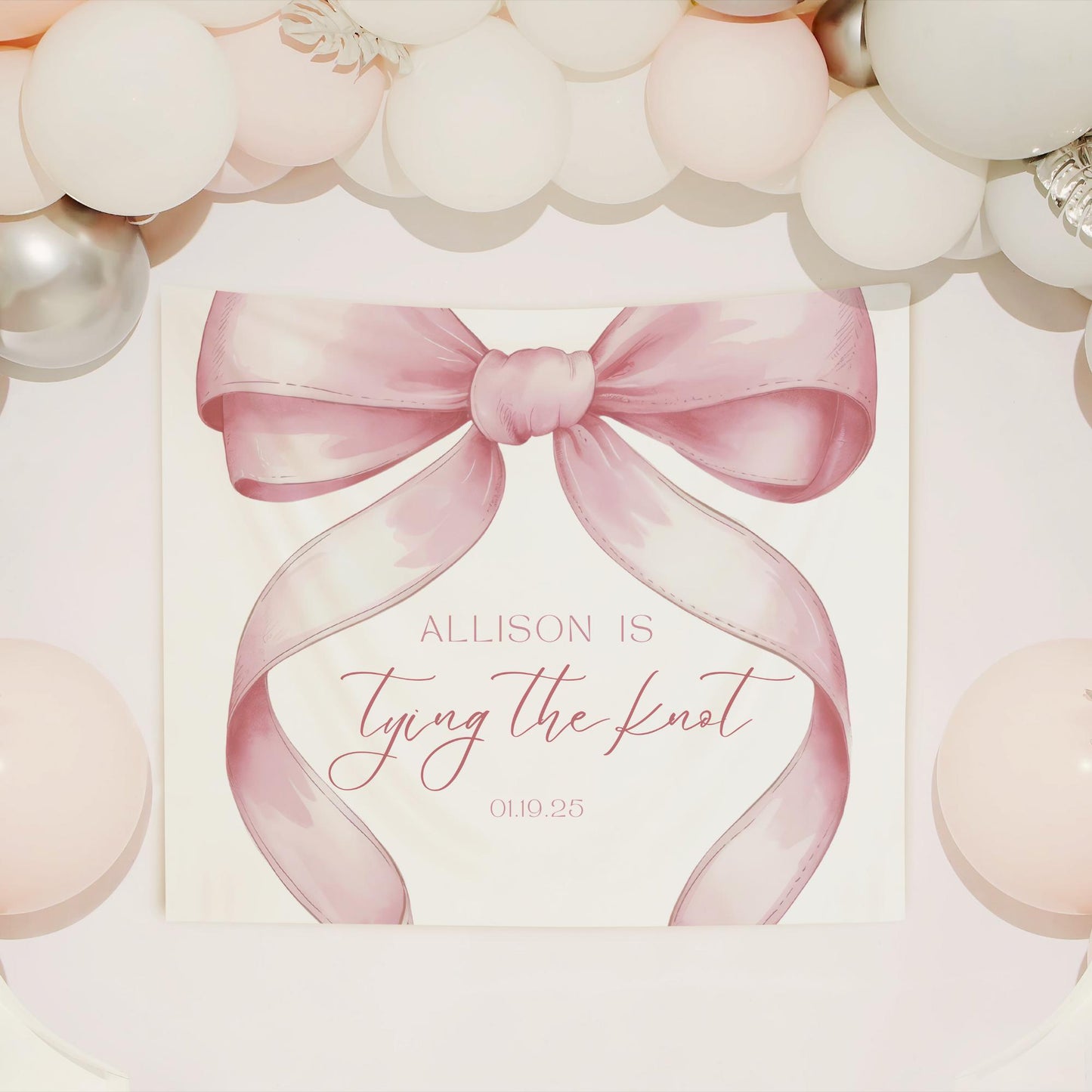 She's Tying the Knot Bridal Shower Personalized Banner Pink Coquette Party Decor Photo Backdrop Ribbon She's Tying the Knot Bachelorette