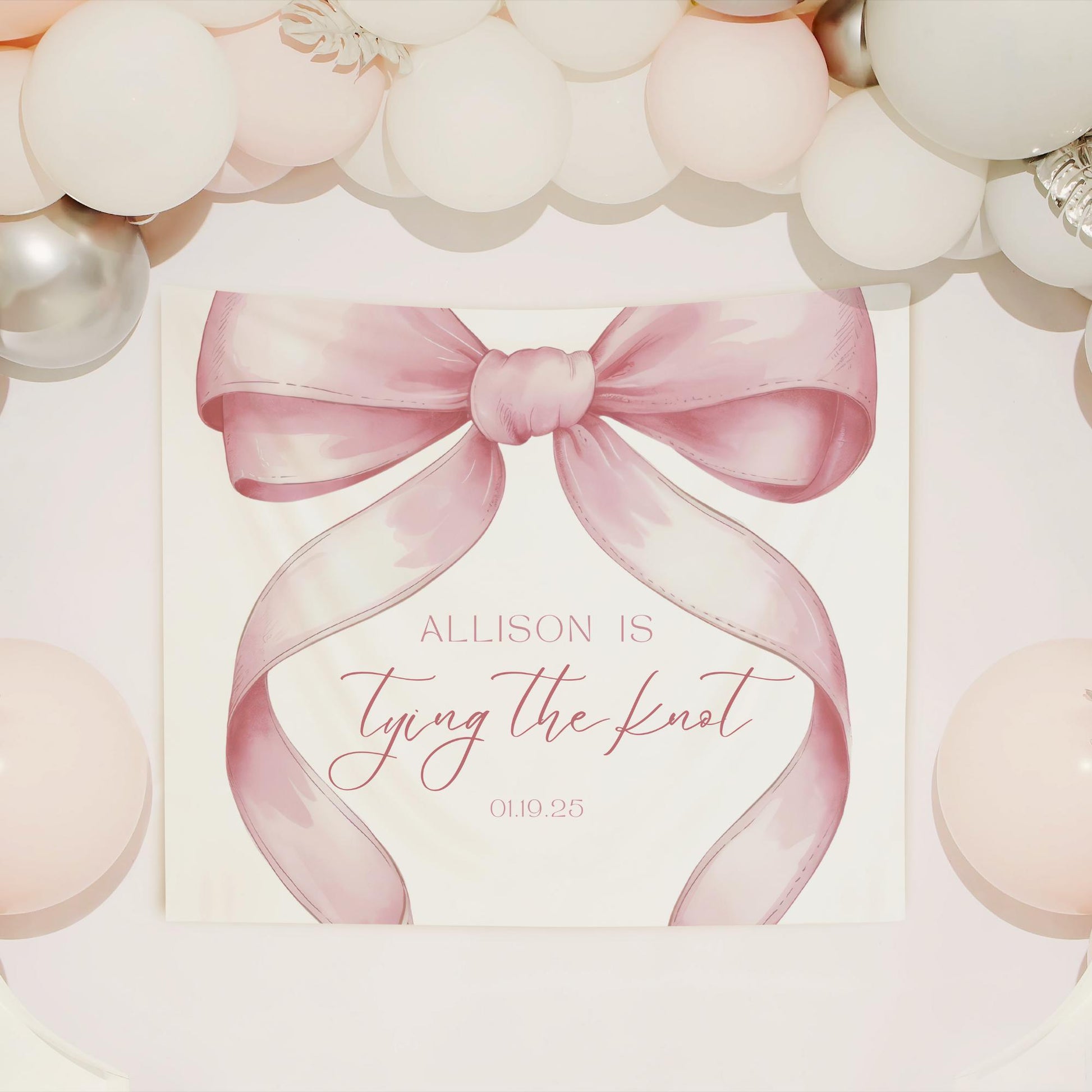 She's Tying the Knot Bridal Shower Personalized Banner Pink Coquette Party Decor Photo Backdrop Ribbon She's Tying the Knot Bachelorette