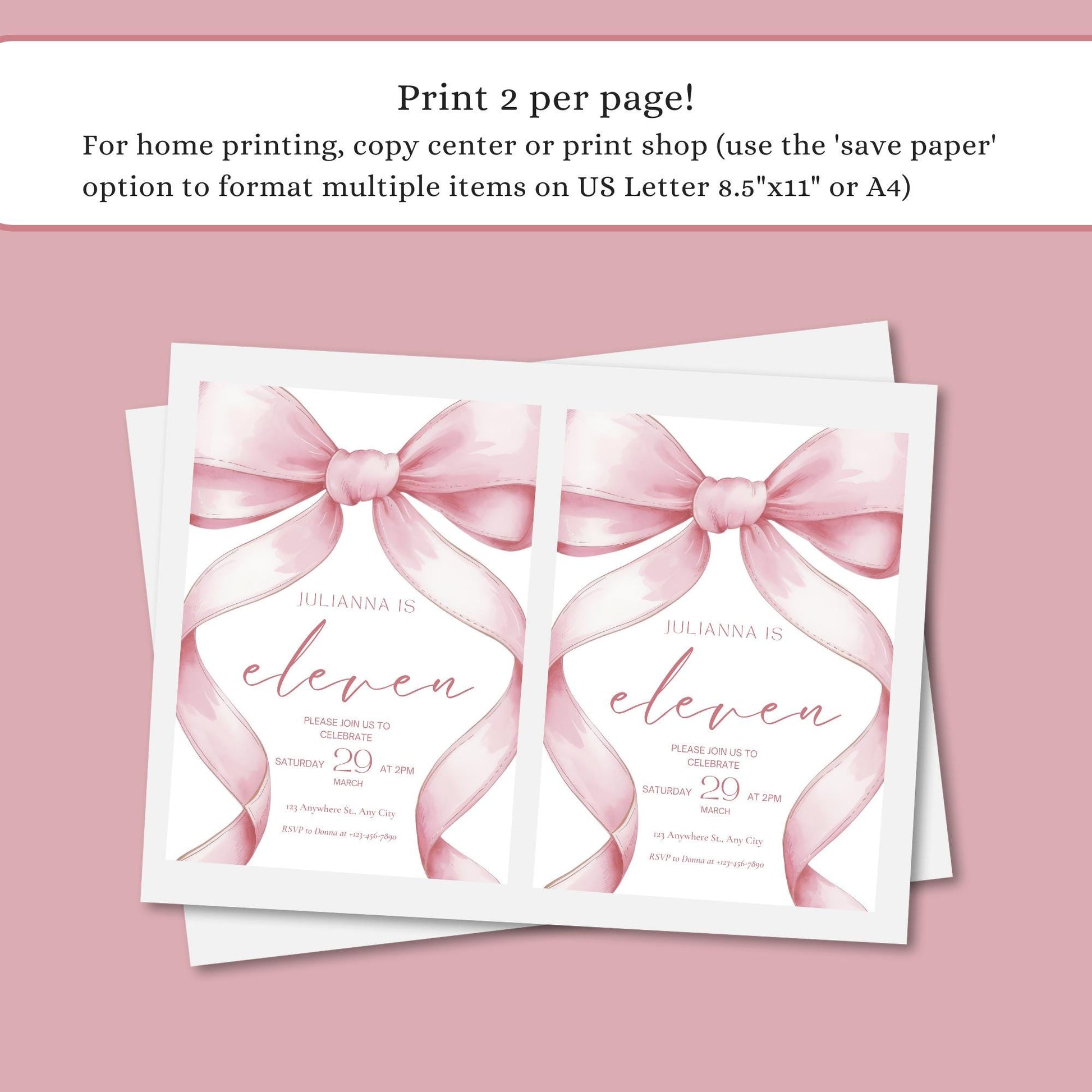Pink Coquette Invite 11th Birthday Invitation Girl Eleventh Pink Bow Birthday Evite Tween Birthday Party Bow Party Invitation editable