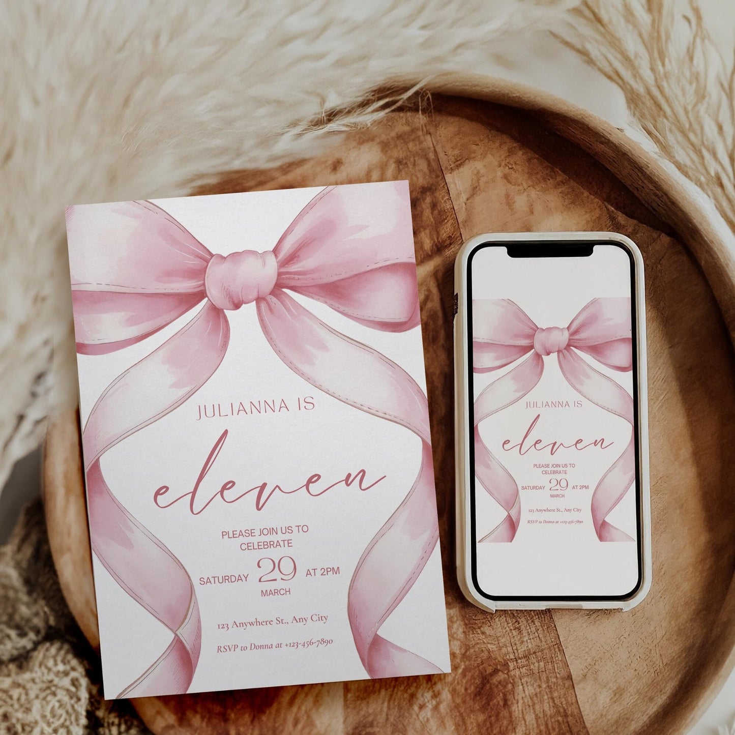 Pink Coquette Invite 11th Birthday Invitation Girl Eleventh Pink Bow Birthday Evite Tween Birthday Party Bow Party Invitation editable