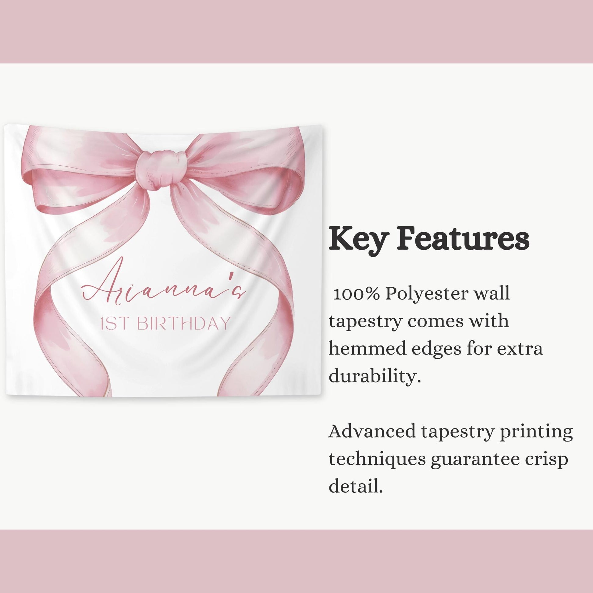 Pink Bow Birthday Personalized Banner 1st Birthday Pink Coquette Party Decor Photo Backdrop Ribbon Custom Banner First Birthday Ideas