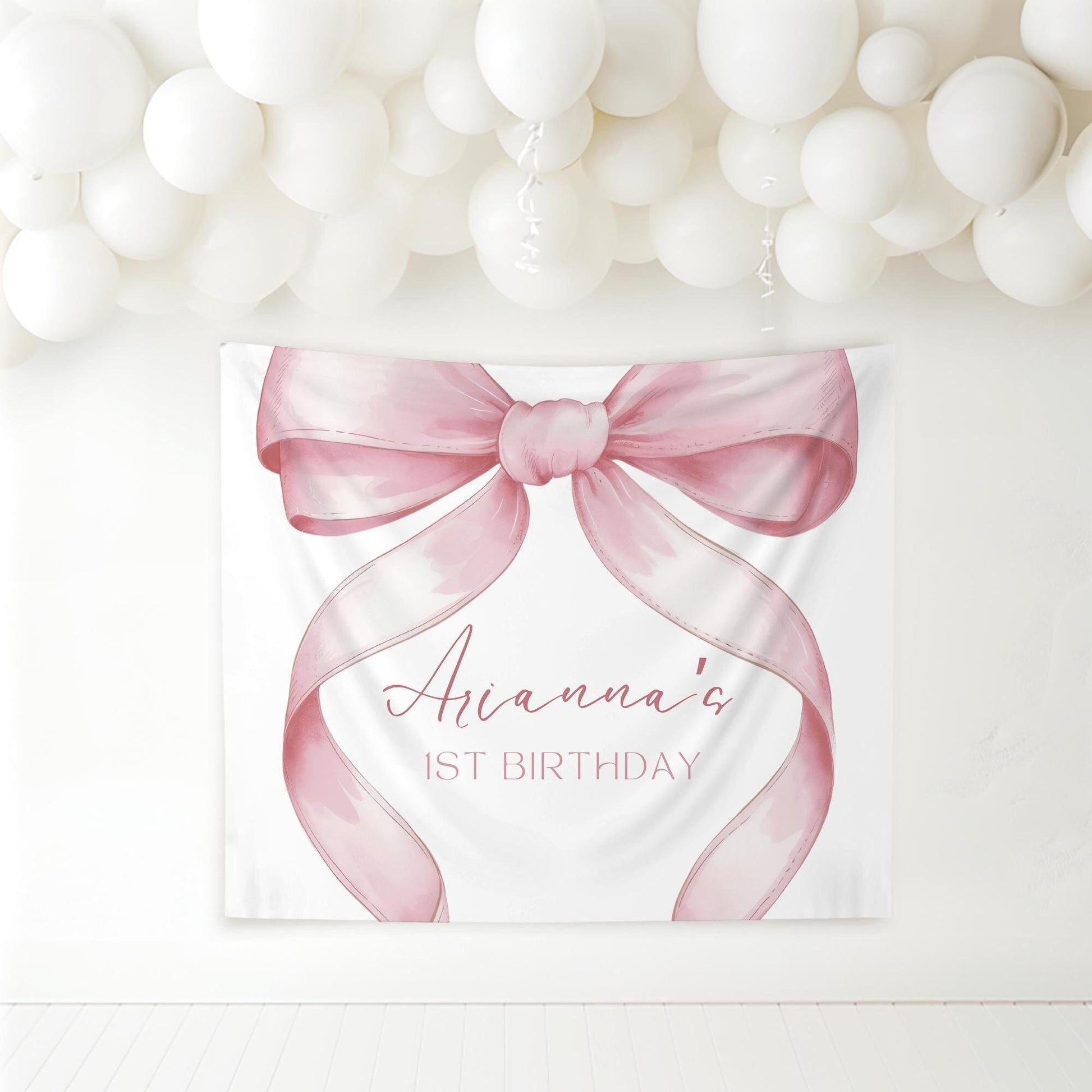 Pink Bow Birthday Personalized Banner 1st Birthday Pink Coquette Party Decor Photo Backdrop Ribbon Custom Banner First Birthday Ideas