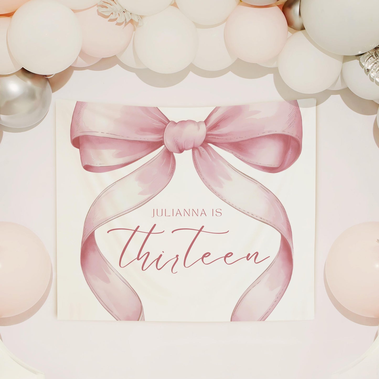 13th Birthday custom Banner Pink Coquette 13 Year Old Girl Birthday thirteenth Pink Bow Birthday Teen Birthday Party photo Backdrop