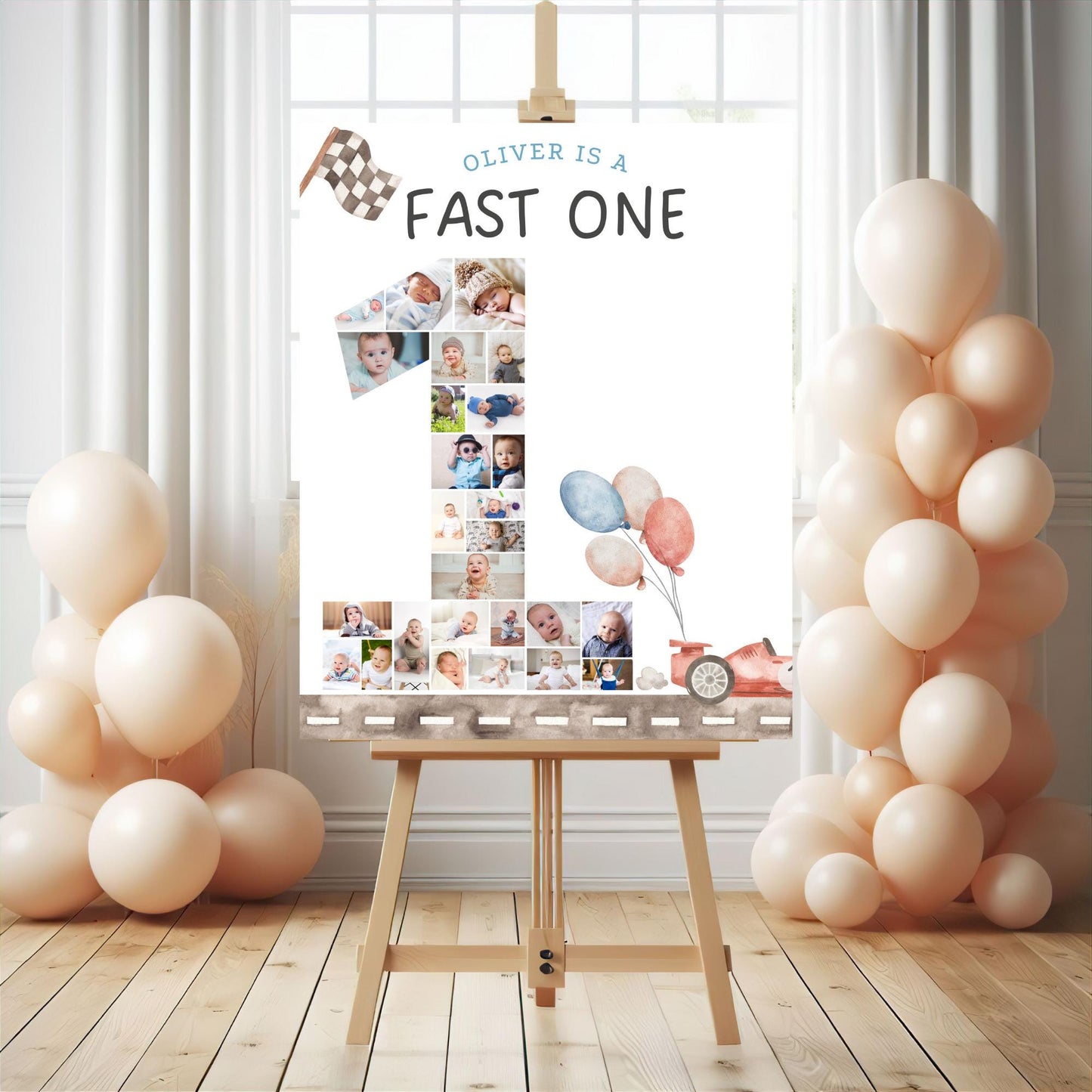 Fast One Birthday Sign Photo Collage Editable Race Car Party Monthly Banner 1st Birthday Photo Banner Milestone photo sign