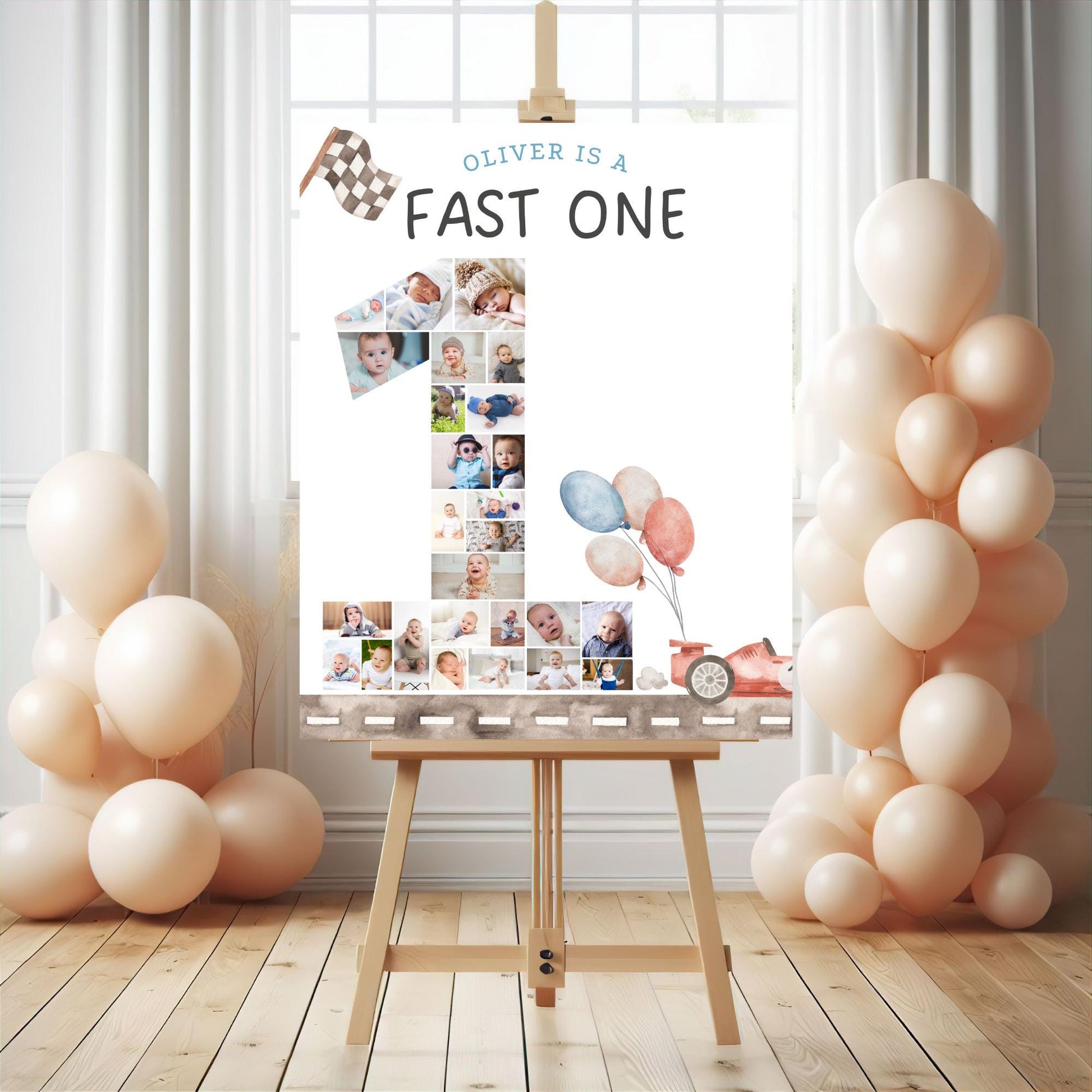 Fast One Birthday Sign Photo Collage Editable Race Car Party Monthly Banner 1st Birthday Photo Banner Milestone photo sign