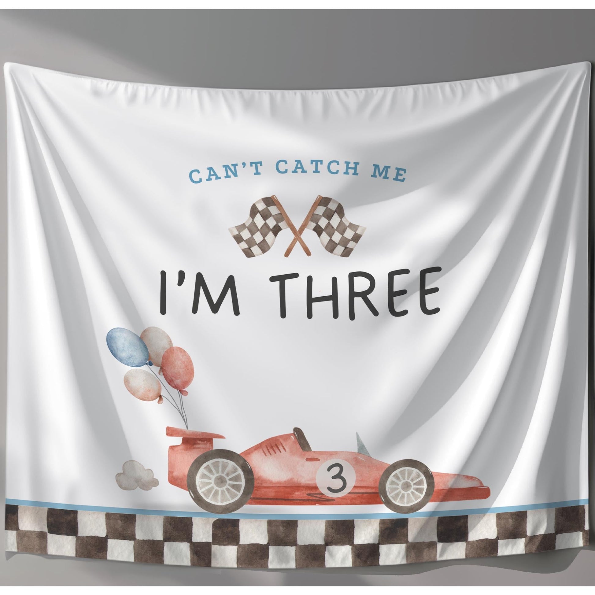 Racecar 3rd Birthday Personalized Banner Can't catch me I'm Three Party Decor Photo Backdrop Racing Custom Banner Race Track
