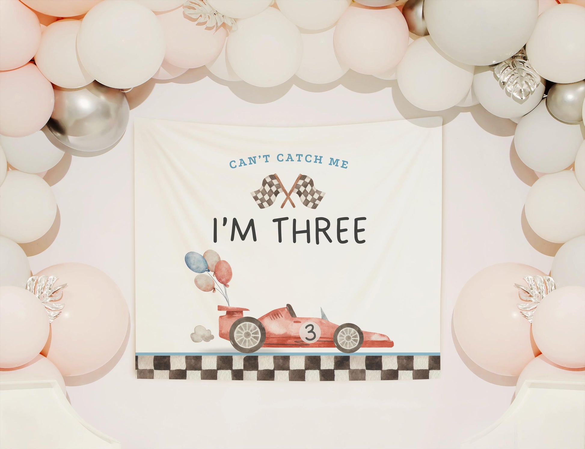 Racecar 3rd Birthday Personalized Banner Can't catch me I'm Three Party Decor Photo Backdrop Racing Custom Banner Race Track