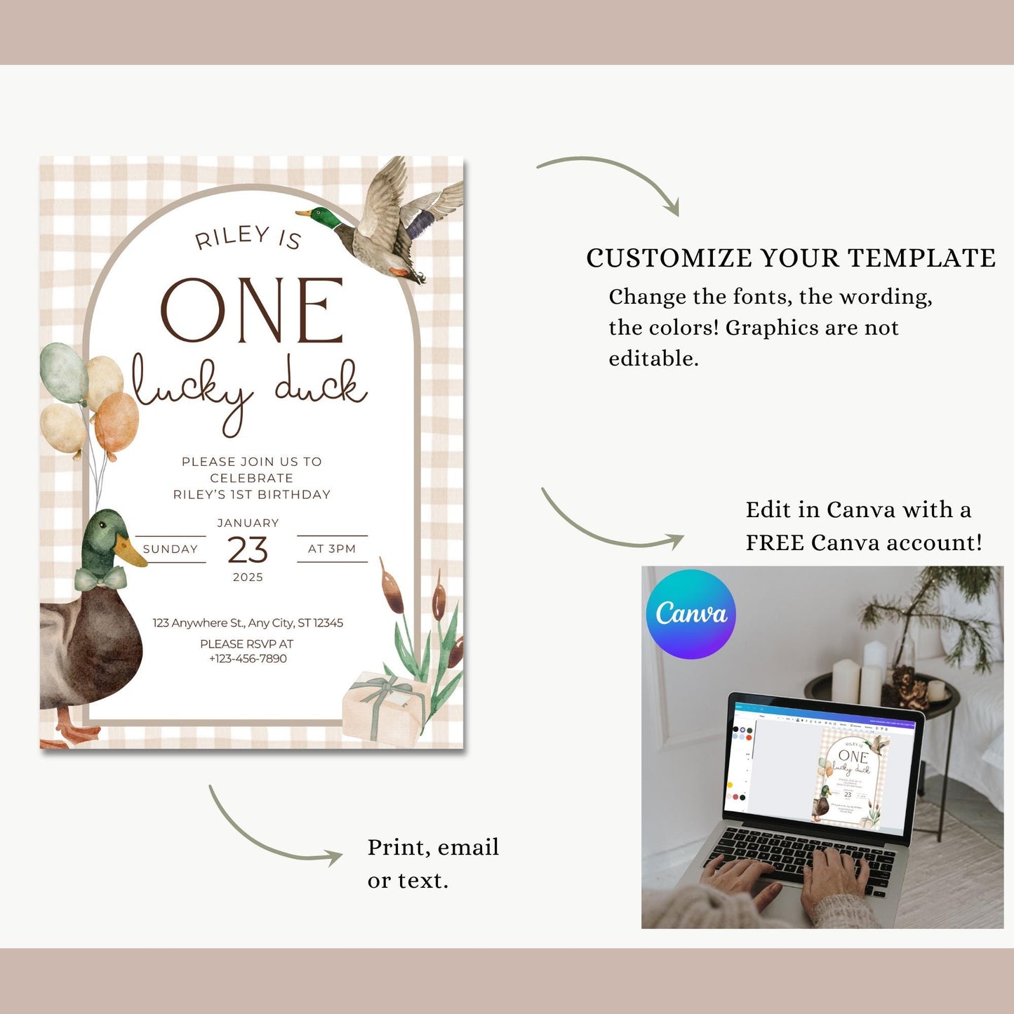 One Lucky Duck Birthday Invite Mallard Duck First Birthday 1st Birthday Duck theme Decor Editable  Invitation Duck Party Decorations
