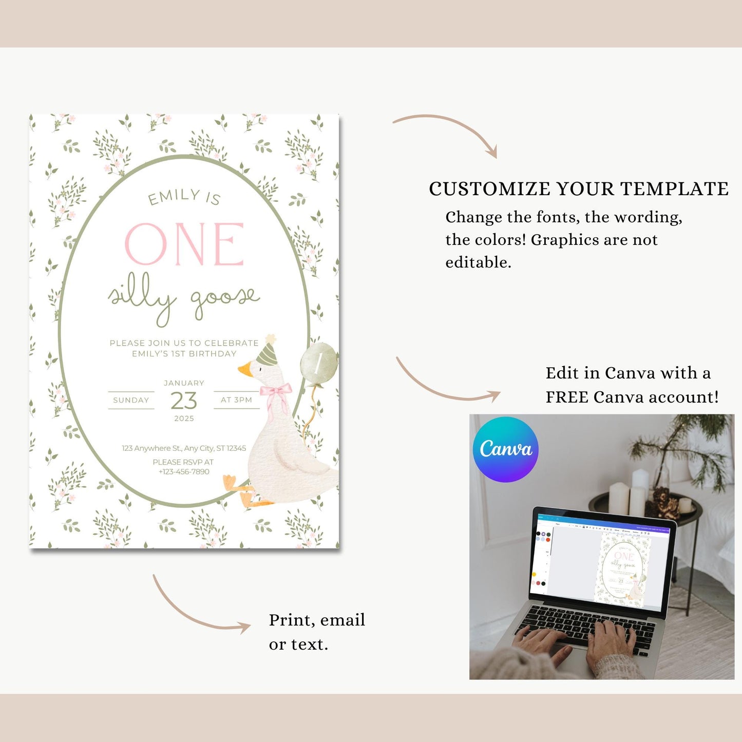 One Silly Goose Birthday Invite Vintage Floral First Birthday 1st Birthday Silly Goose Decor Editable  Invitation Nursery Rhyme Birthday