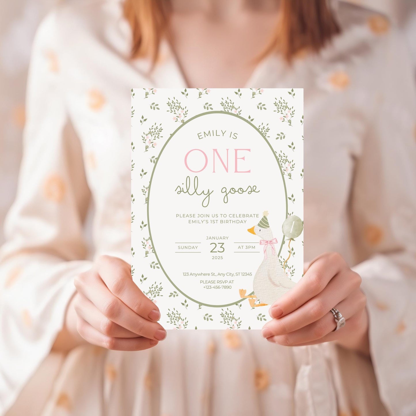 One Silly Goose Birthday Invite Vintage Floral First Birthday 1st Birthday Silly Goose Decor Editable  Invitation Nursery Rhyme Birthday