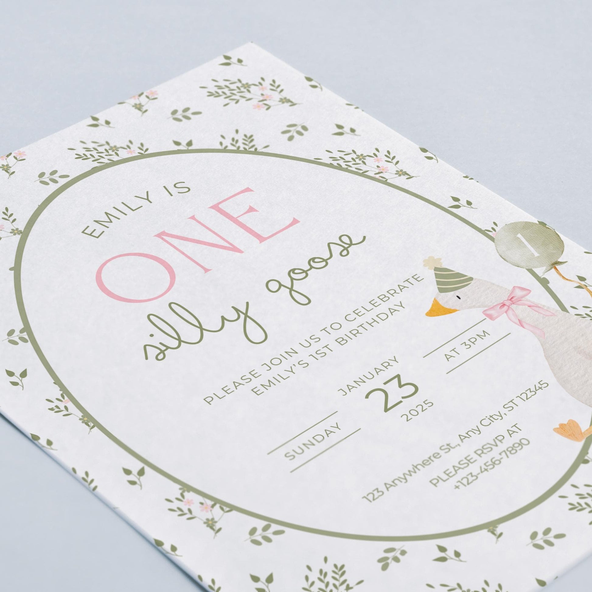 One Silly Goose Birthday Invite Vintage Floral First Birthday 1st Birthday Silly Goose Decor Editable  Invitation Nursery Rhyme Birthday