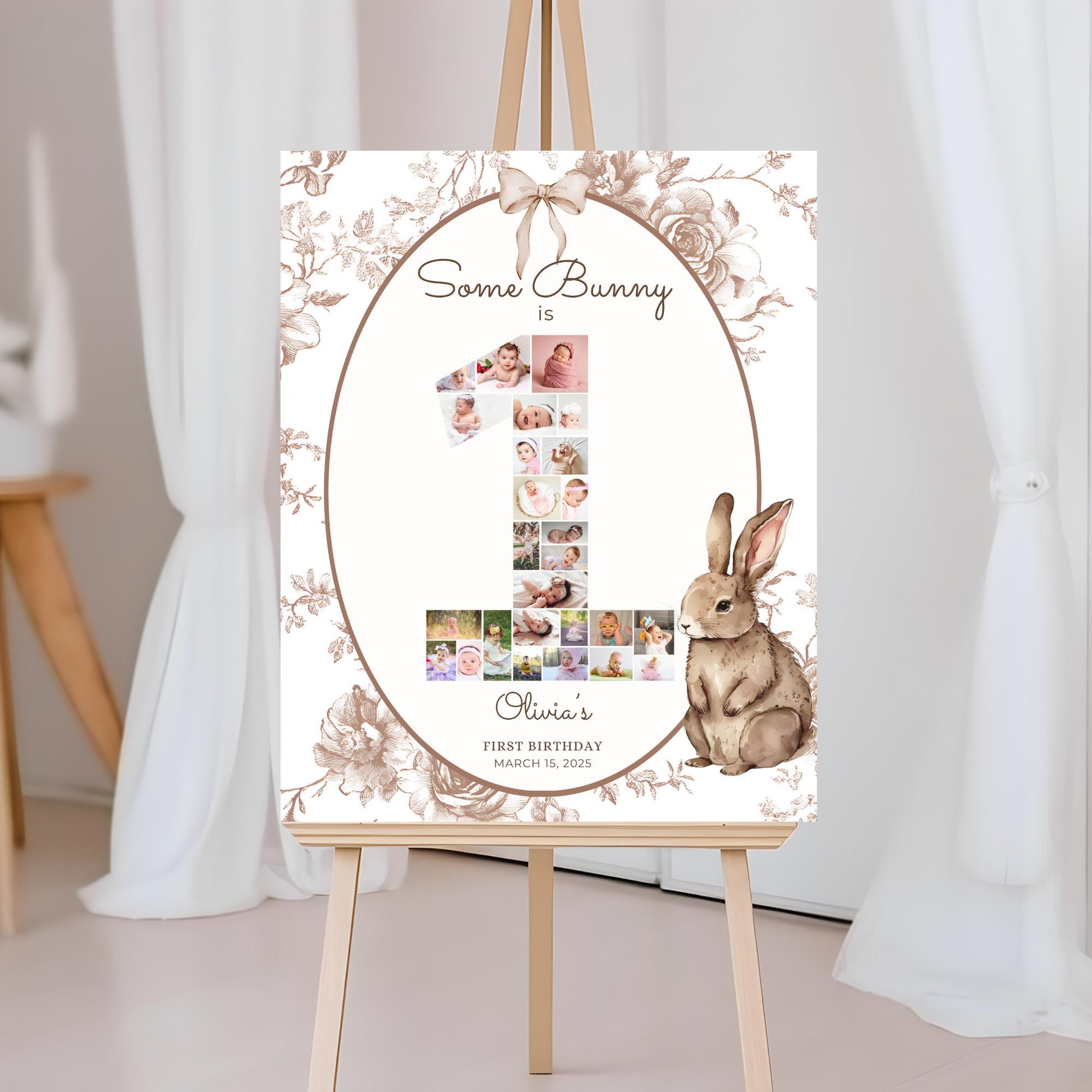 Some Bunny is One First Birthday Sign Photo Collage Editable Bunny 1st Birthday Monthly Banner Vintage Floral Rabbit Photo Milestone sign