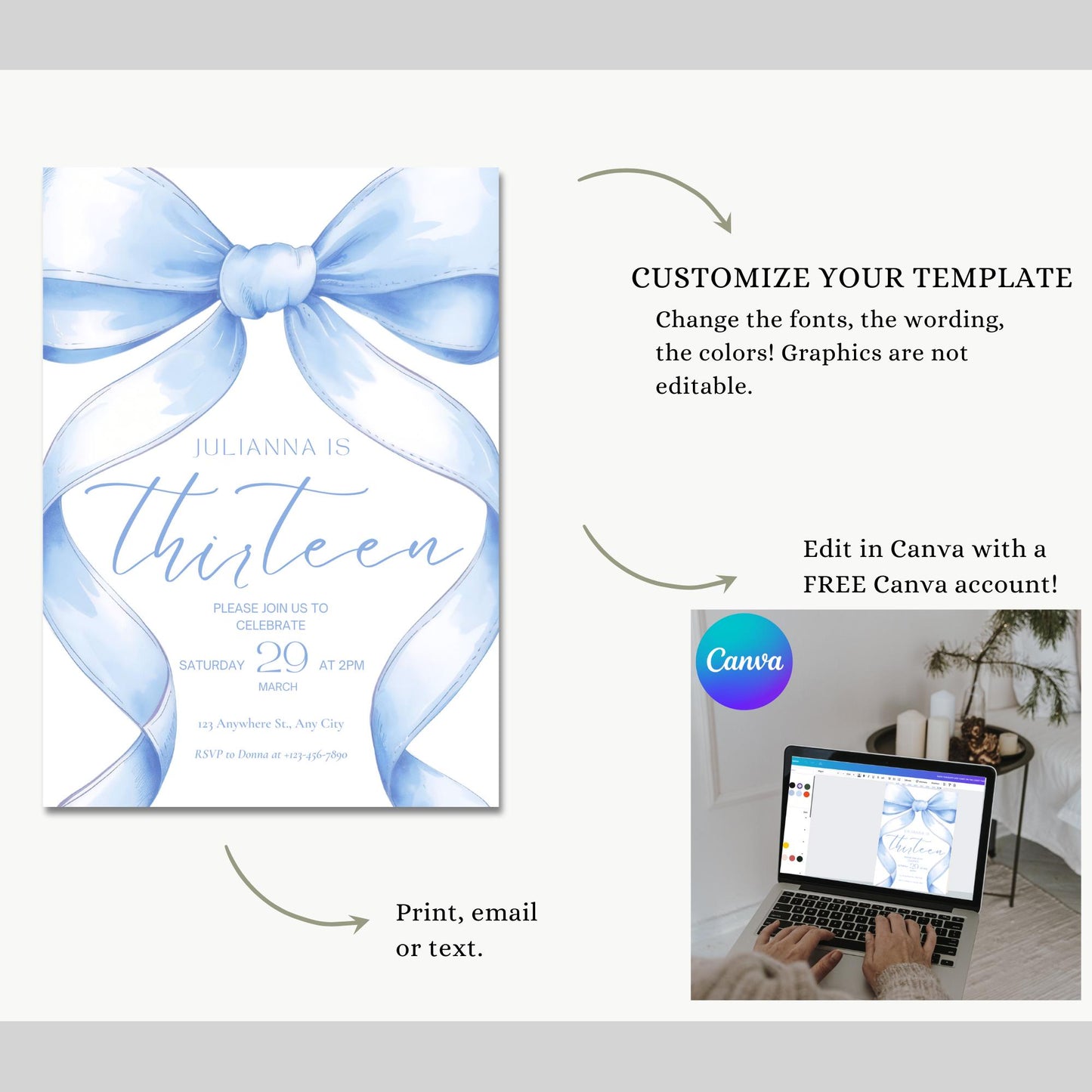 13th birthday invitation girl Blue Coquette Invite 13 year old girl Birthday Girl thirteenth Blue Bow Birthday Teen Birthday Party