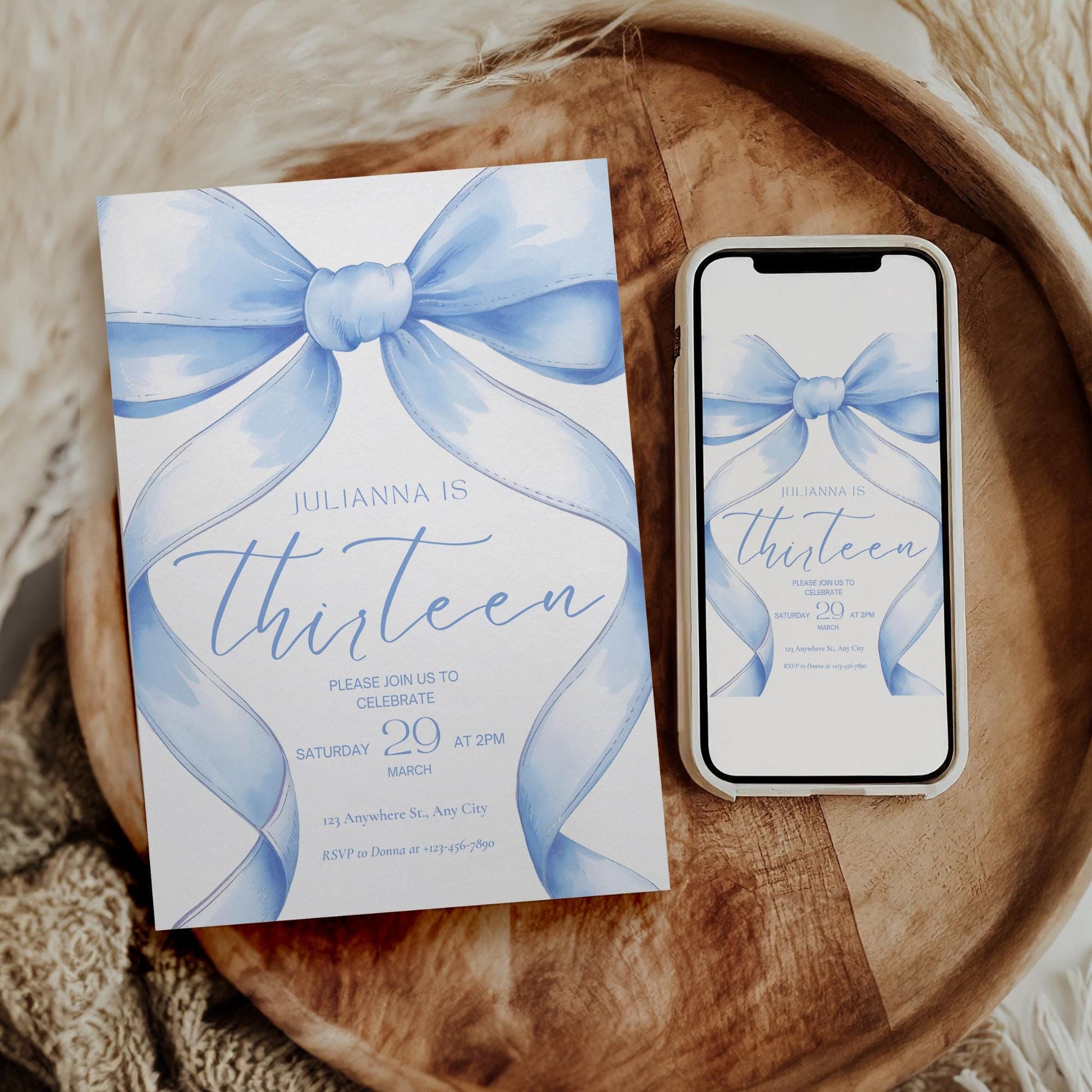 13th birthday invitation girl Blue Coquette Invite 13 year old girl Birthday Girl thirteenth Blue Bow Birthday Teen Birthday Party