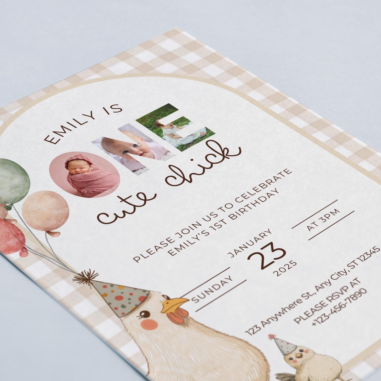 One Cute Chick Birthday This Chick is One First Birthday 1st Birthday Chicken Decor Editable Invitation Farm animal Birthday Spring 1st