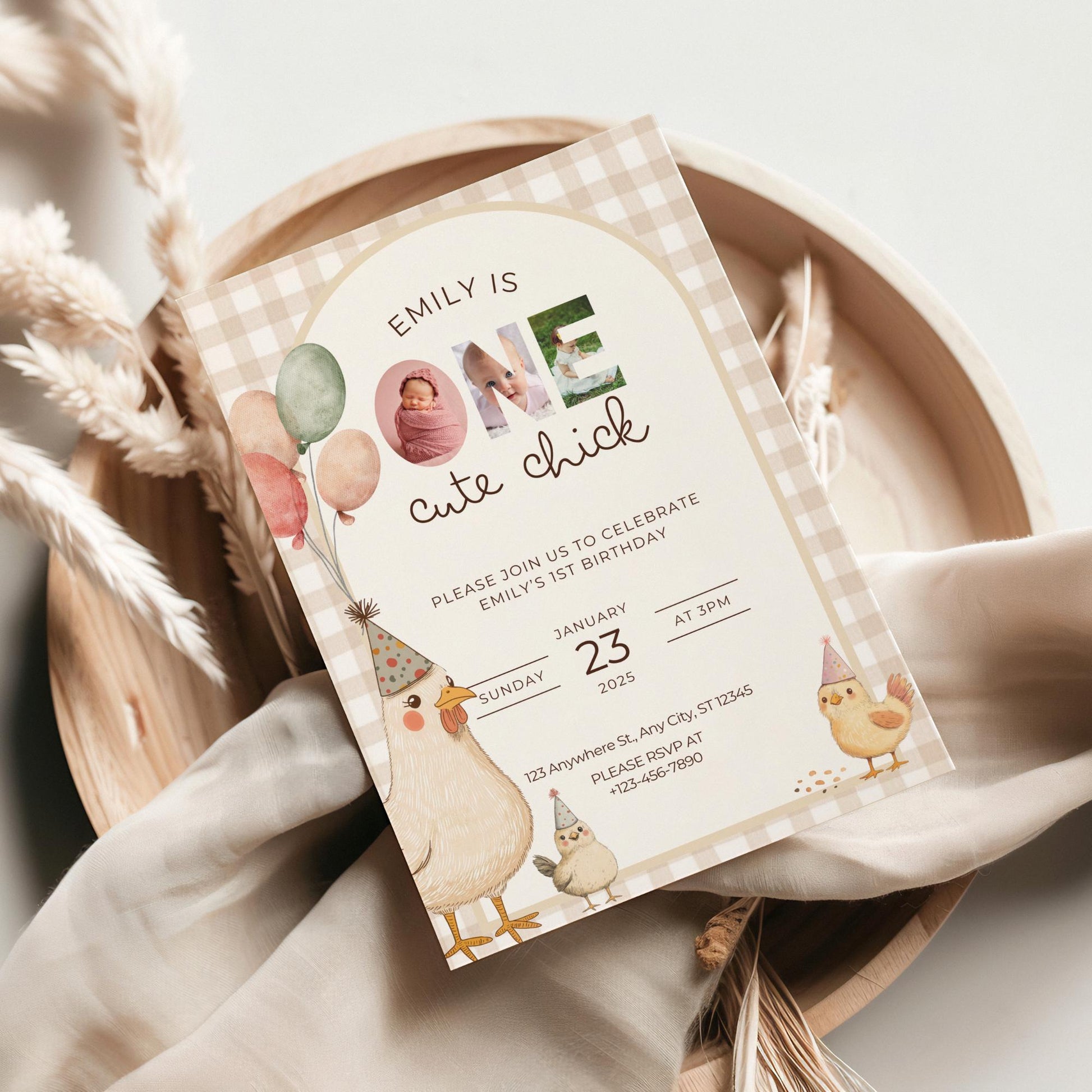 One Cute Chick Birthday This Chick is One First Birthday 1st Birthday Chicken Decor Editable Invitation Farm animal Birthday Spring 1st