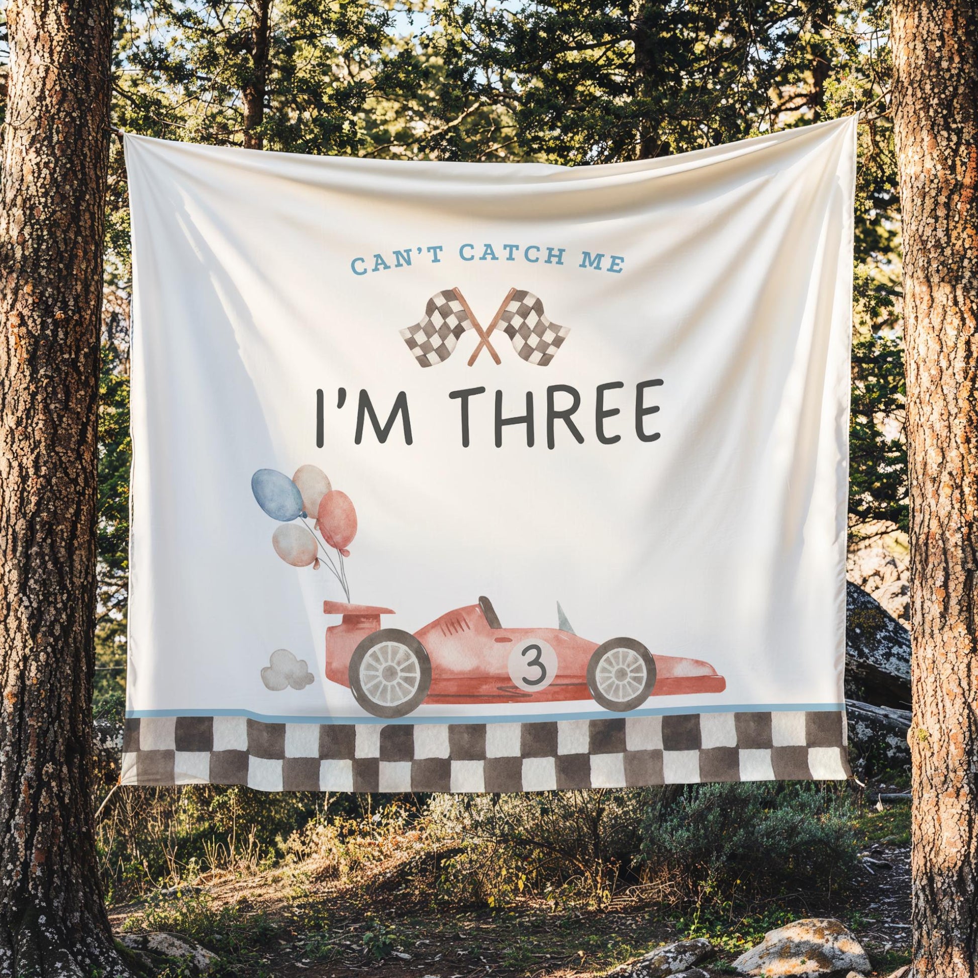 Racecar 3rd Birthday Personalized Banner Can't catch me I'm Three Party Decor Photo Backdrop Racing Custom Banner Race Track