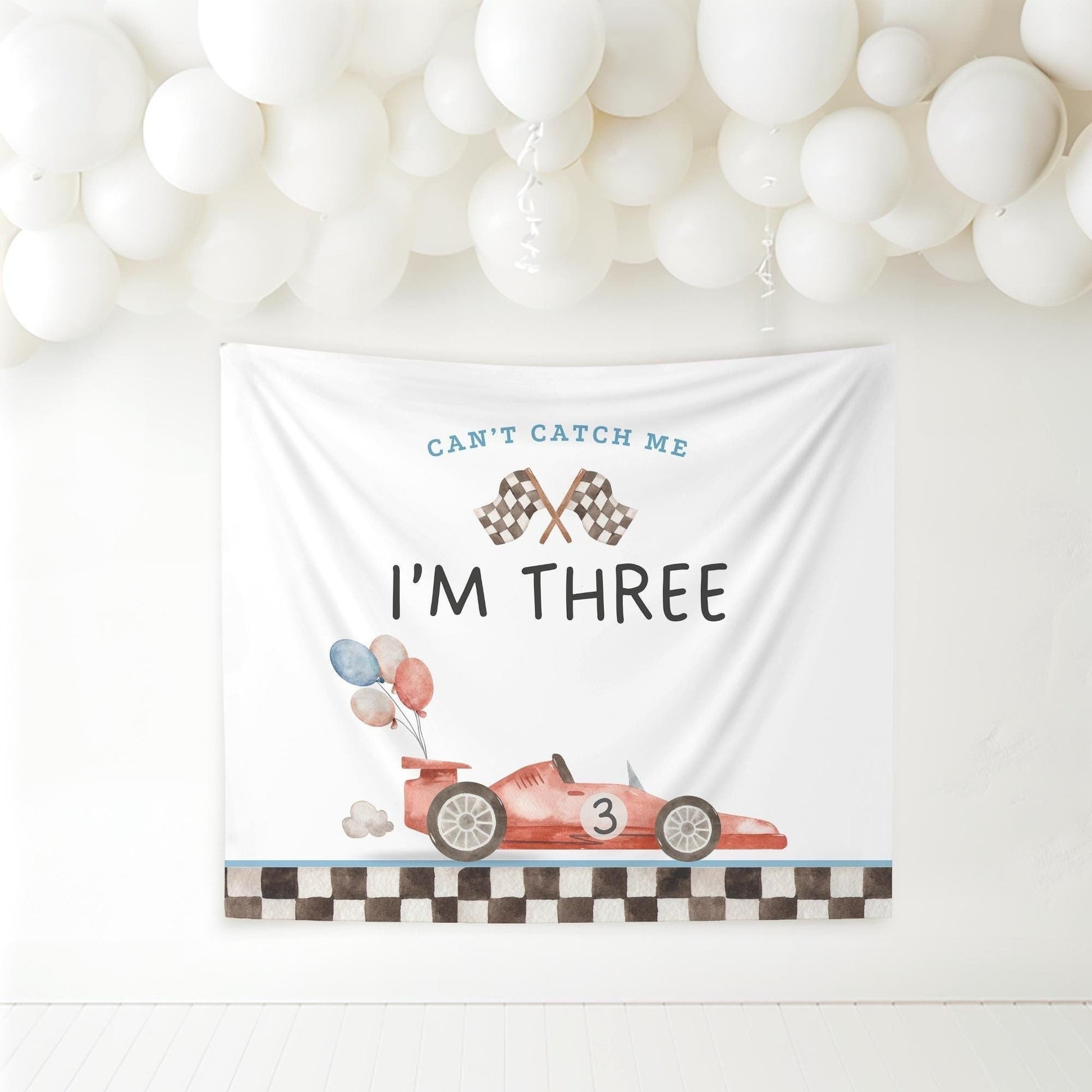 Racecar 3rd Birthday Personalized Banner Can't catch me I'm Three Party Decor Photo Backdrop Racing Custom Banner Race Track
