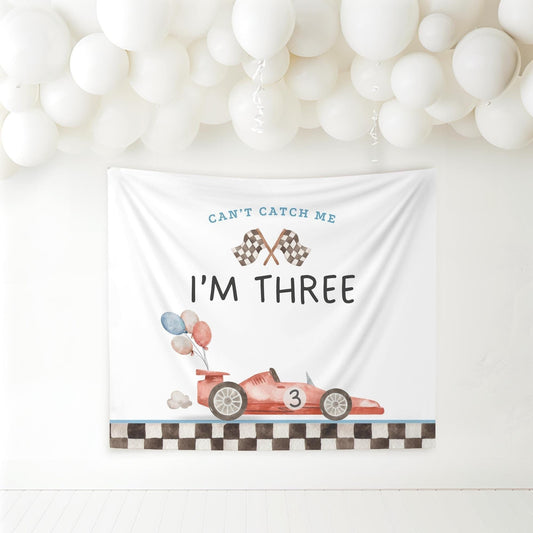 Racecar 3rd Birthday Personalized Banner Can't catch me I'm Three Party Decor Photo Backdrop Racing Custom Banner Race Track