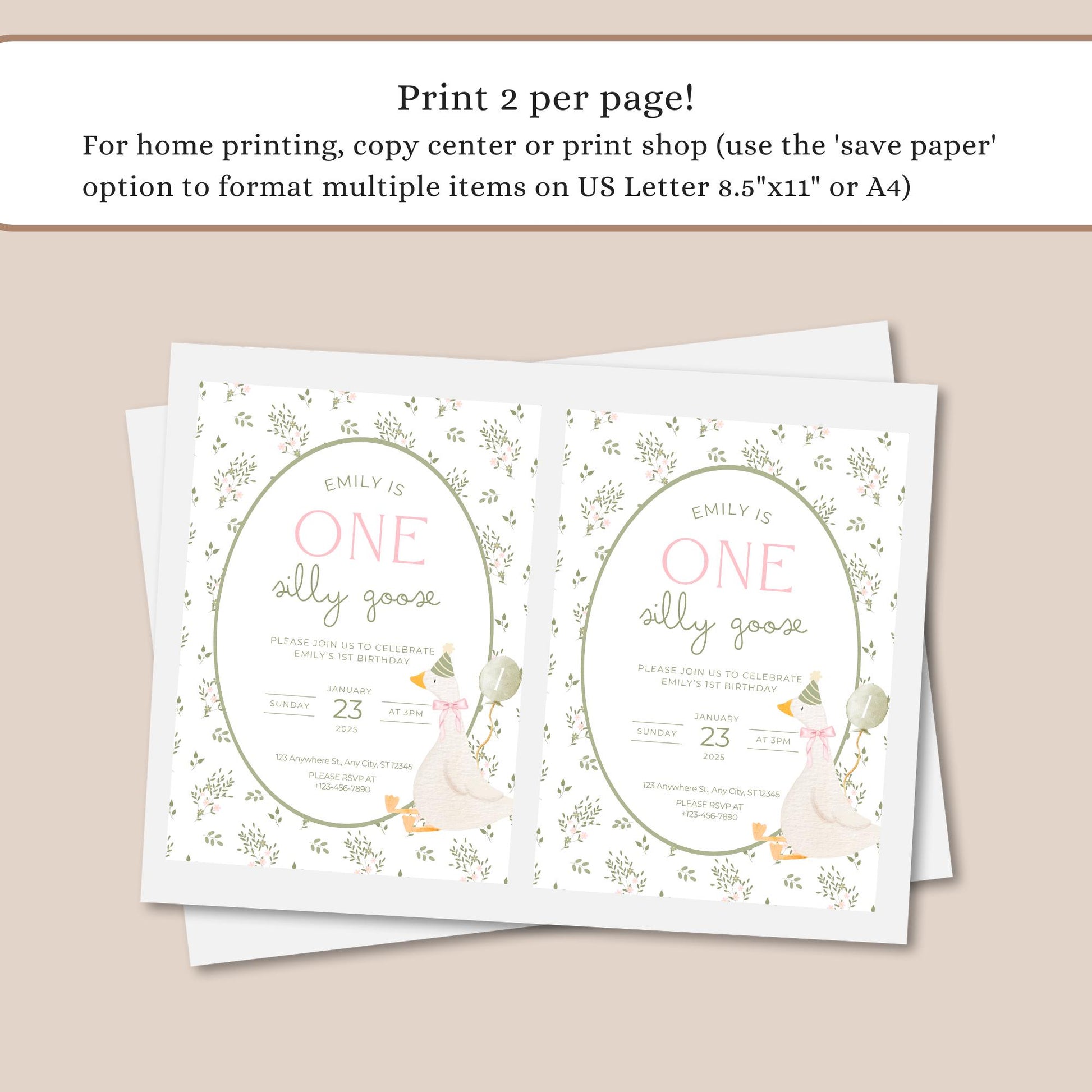 One Silly Goose Birthday Invite Vintage Floral First Birthday 1st Birthday Silly Goose Decor Editable  Invitation Nursery Rhyme Birthday