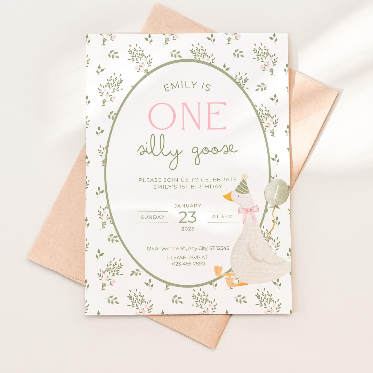 One Silly Goose Birthday Invite Vintage Floral First Birthday 1st Birthday Silly Goose Decor Editable  Invitation Nursery Rhyme Birthday