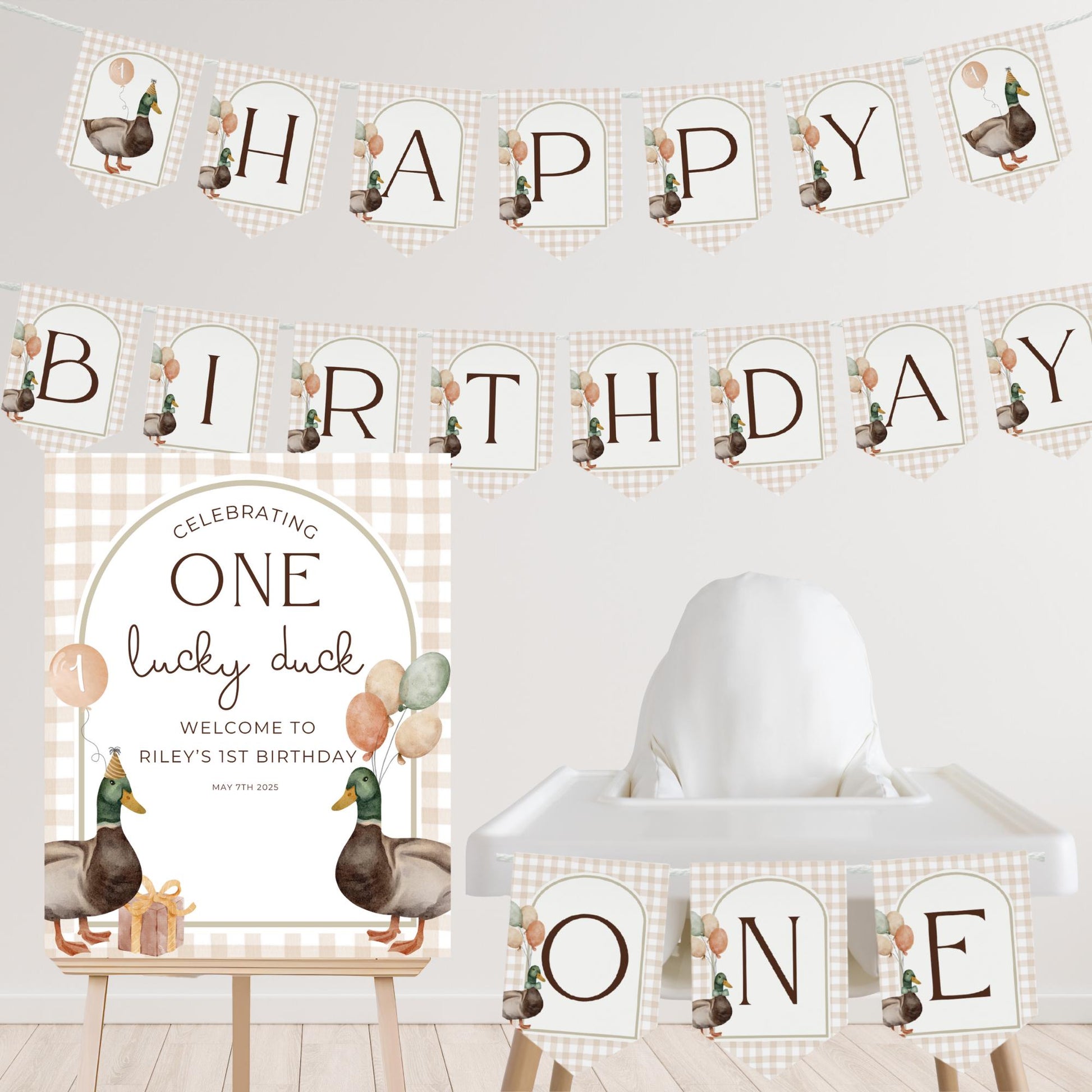 One Lucky Duck First Birthday Party Sign Happy Birthday Banner Mallard Duck 1st Birthday Bunting Duck Hunting Birthday Party Duck Banner